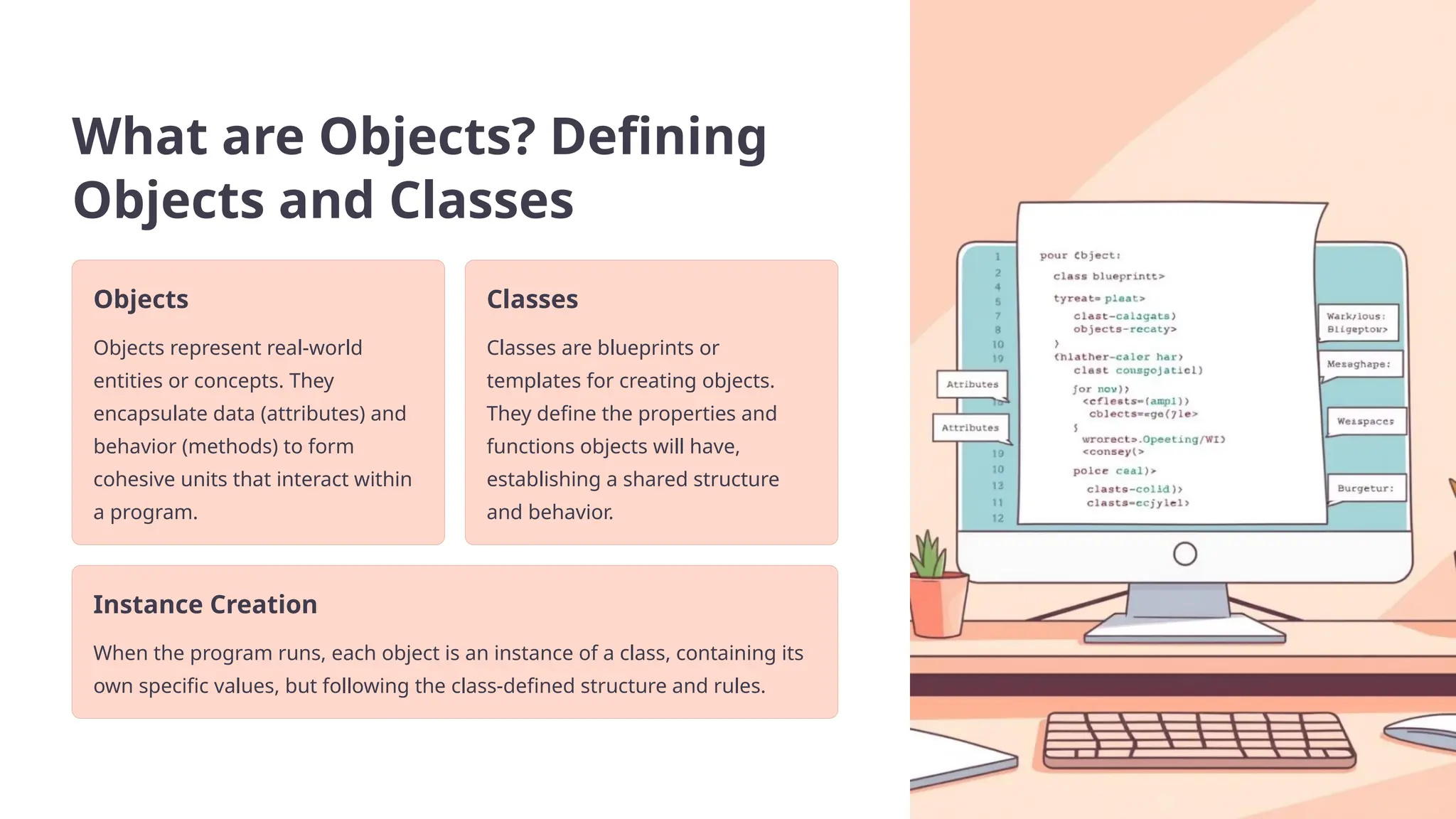 What are Objects? Defining
Objects and Classes
Objects
Objects represent real-world
entities or concepts. They
encapsulate data (attributes) and
behavior (methods) to form
cohesive units that interact within
a program.
Classes
Classes are blueprints or
templates for creating objects.
They define the properties and
functions objects will have,
establishing a shared structure
and behavior.
Instance Creation
When the program runs, each object is an instance of a class, containing its
own specific values, but following the class-defined structure and rules.
 
