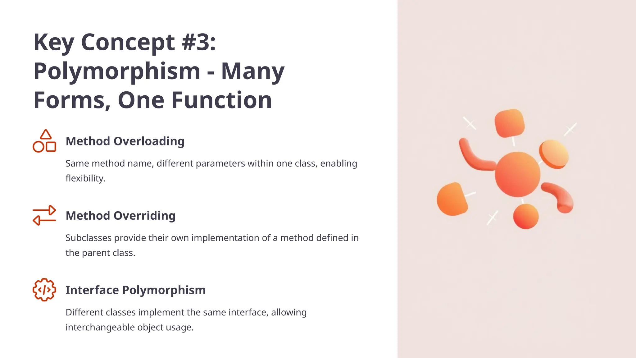 Key Concept #3:
Polymorphism - Many
Forms, One Function
Method Overloading
Same method name, different parameters within one class, enabling
flexibility.
Method Overriding
Subclasses provide their own implementation of a method defined in
the parent class.
Interface Polymorphism
Different classes implement the same interface, allowing
interchangeable object usage.
 