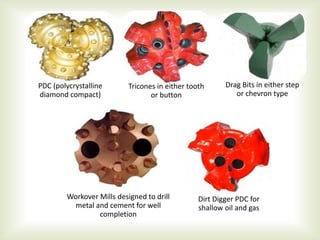 PDC (polycrystalline
diamond compact)
Tricones in either tooth
or button
Drag Bits in either step
or chevron type
Workover Mills designed to drill
metal and cement for well
completion
Dirt Digger PDC for
shallow oil and gas
 