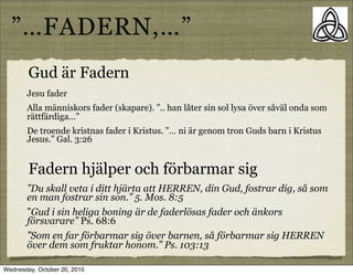 󴡶ٷ鱷,
        Gud ?r Fadern
       Jesu fader
       Alla m?nniskors fader (skapare). .. han l?ter sin sol lysa ?ver s?v?l onda som
       r?ttf?rdiga
       De troende kristnas fader i Kristus.  ni ?r genom tron Guds barn i Kristus
       Jesus. Gal. 3:26


        Fadern hj?lper och f?rbarmar sig
       Du skall veta i ditt hj?rta att HERREN, din Gud, fostrar dig, s? som
       en man fostrar sin son. 5. Mos. 8:5
       Gud i sin heliga boning ?r de faderl?sas fader och ?nkors
       f?rsvarare Ps. 68:6
       Som en far f?rbarmar sig ?ver barnen, s? f?rbarmar sig HERREN
       ?ver dem som fruktar honom. Ps. 103:13

Wednesday, October 20, 2010
 
