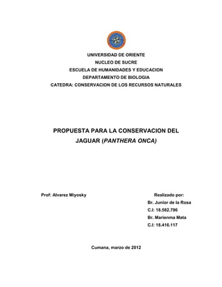 UNIVERSIDAD DE ORIENTE
                          NUCLEO DE SUCRE
             ESCUELA DE HUMANIDADES Y EDUCACION
                   DEPARTAMENTO DE BIOLOGIA
    CATEDRA: CONSERVACION DE LOS RECURSOS NATURALES




     PROPUESTA PARA LA CONSERVACION DEL
                JAGUAR (PANTHERA ONCA)




Prof: Alvarez Miyosky                               Realizado por:
                                                 Br. Junior de la Rosa
                                                 C.I: 18.582.796
                                                 Br. Marienma Mata
                                                 C.I: 18.416.117




                         Cumana, marzo de 2012
 