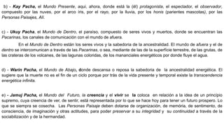 b) - Kay Pacha, el Mundo Presente, aqui, ahora, donde está la (él) protagonista, el espectador, el observador,
compuesto por las nuves, por el arco íris, por el rayo, por la lluvia, por los honis (parientes mascotas), por las
Personas Paisajes, Alí.
c) - Ukuy Pacha, el Mundo de Dentro, el paraíso, compuesto de seres vivos y muertos, donde se encuentran las
Pacarinas, los canales de comunicación con el mundo de afuera.
En el Mundo de Dentro están los seres vivos y la sabedoria de la ancestralidad. El mundo de afuera y el de
dentro se intercomunican a través de las Pacarinas, o sea, mediante de las de la superfície terrestre, de las grutas, de
las crateras de los volcanes, de las lagunas coloridas, de los mananciales energéticos por donde fluye el agua.
d) - Warin Pacha, el Mundo de Abajo, donde descansa o reposa la sabedoria de la ancestralidad energética. El
sugiere que la muerte no es el fin de un ciclo porque por trás de la vida presente y temporal existe la transcendencia
energética infinita.
e) - Jamuj Pacha, el Mundo del Futuro, la creencia y el vivir se la coloca en relación a la idea de un princípio
supremo, cuya creencia de ver, de sentir, está representada por lo que se hace hoy para tener un futuro prospero. Lo
que se siempra se cosecha. Las Personas Paisaje deben dotarse de organización, de memória, de sentimento, de
consciencia, de imaginación y otras actitudes, para poder preservar a su integridad y su continuidad a través de la
sociabilización y de la hermandad.
 