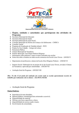 Programa de Educação contra a Exploração
                              do Trabalho da Criança e do Adolescente




                                    SME - Secretaria Municipal de Educação
                           Responsabilidade Social para a Educação e Cidadania



      Órgãos, entidades e autoridades que participaram das atividades do
       Programa:
      Secretaria Municipal de Educação
      Secretaria Municipal de Saúde
      Secretaria Municipal de Ação Social
      Conselho Municipal de Direitos da Criança e do Adolescente – CMDCA
      Conselho Tutelar
      Programa de Erradicação do Trabalho Infantil – PETI
      Projeto Eu Sou Cidadão – Amigos da Leitura
      Promotoria Pública
      Câmara Municipal de Vereadores
      Prefeito Municipal: José Sérgio Pinheiro Diógenes
      Informações sobre palestras e outros eventos realizados nas escolas:
      Entrevista sobre a temática na rádio-escola comunicar da Escola Luiza Távora – ANEXO V

      Depoimentos de professores e alunos da Escola Alice Diógenes Pinheiro – ANEXO VI

      Impacto Social: Elaboração de um projeto de lei da Escola Luiza Távora, enviada à Câmara
       de Vereadores e aprovada por unanimidade – ANEXO VII

      Avaliação Geral do Programa – ANEXO VIII


Obs.: No dia 12 de junho foi realizado um evento onde as escolas apresentaram recortes do
trabalho que realizaram com os alunos – Em DVD ANEXO.




      Avaliação Geral do Programa

Pontos Positivos:

      Importância do tema abordado;
      Material didático/ metodologia bem estruturado e acessível.
      Disponibilidade do material.
      Oficinas com focos específicos e claros;
      disponibilidade de recursos audio-visuais;
      Envolvimento da comunidade;
 