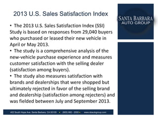 2013 U.S. Sales Satisfaction Index
• The 2013 U.S. Sales Satisfaction Index (SSI)
Study is based on responses from 29,040 buyers
who purchased or leased their new vehicle in
April or May 2013.
• The study is a comprehensive analysis of the
new-vehicle purchase experience and measures
customer satisfaction with the selling dealer
(satisfaction among buyers).
• The study also measures satisfaction with
brands and dealerships that were shopped but
ultimately rejected in favor of the selling brand
and dealership (satisfaction among rejecters) and
was fielded between July and September 2013.
402 South Hope Ave. Santa Barbara, CA 93105

(805) 682 - 2000

www.sbautogroup.com

Santa Barbara Auto Group is
conveniently located off the 101
and Hope Ave and proudly serves
Santa Barbara residents and the
greater Southern California area
as the premier dealer for
Acura, Audi, BMW, Jaguar, Land
Rover, Porsche, MercedesBenz, and Smart.Thesales
department at Santa Barbara Auto
Group has one purpose – to
exceed customers’ expectations
from test drive to delivery. The
professional sales team is
committed to a no-pressure, high
integrity approach to every
ownership experience. Santa
Barbara Auto Group represents
eight different luxury brands and
friendly experienced sales
representatives are available
seven days a week.SantaBarbara
Auto Group also features a
dedicated professional service
department and a state-of-the-art
facility offering the most current
diagnostic and repair equipment
available and highly skilled factorytrained technicians to deliver
efficient quality vehicle care.

 