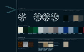 EXTERIEUR


L E I C H T M E TA L L F E L G E N                                                                                                                                                                  C A B R I O V E R D E C K FA R B E N
Serie                                                     Option




            18Ȼ Venus                                                19Ȼ Caravela                            19Ȼ Artura                          20Ȼ Kalimnos                                       Black                     Blue          Beige     Dark Grey




A U S S E N FA R B E N
Serie                              Option




Porcelain          Ebony           Botanical Green*       Emerald Fire*       Liquid Silver*          Lunar Grey*             Vapour Grey*        Pearl Grey*            Azure Blue*                Spectrum Blue*            Frost Blue*   Indigo*   Ultimate Black*
                                   *Metallic-Lackierung                                                                                                                  Erhältlich bis Juni 2009   Erhältlich ab Juni 2009




INTERIEUR


PA N E E L E                                                                  I N T E R I E U R G E S T A LT U N G                                                                                  DACHVERKLEIDUNG
Serie                              Option                                     Serie                                           Option                                                                Serie

                                                                                                                                                      Dachverkleidung
                                                                                                                                                      Armaturentafeloberseite


                                                                                                                                                      Bond-Grain-Sitze



Glänzendes        Strukturiertes   Eichenholz                                 Dachhimmel Morzine      Dachhimmel Morzine      Dachhimmel Morzine                                                    Canvas
                                                                              in Canvas, Armaturen-   in Canvas, Armaturen-   in Canvas, Armaturen-
Walnusswurzelholz Aluminium                                                   tafeloberseite und      tafeloberseite und      tafeloberseite und
                                                                              Türverkleidungen in     Türverkleidungen        Türverkleidungen
                                                                              Warm Charcoal, Sitze    in Caramel, Sitze       in Warm Charcoal,
                                                                              in Warm Charcoal        in Caramel              Sitze in Ivory
 