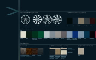 EXTERIEUR


L E I C H T M E TA L L F E L G E N                                                                                                                                   C A B R I O V E R D E C K FA R B E N
Serie                                Option




            19Ȼ Tamana                              19Ȼ Artura                    20Ȼ Kalimnos                            20Ȼ Nevis                                  Black                      Blue                      Beige         Dark Grey   Weinrot




A U S S E N FA R B E N
Serie




Porcelain          Ebony             Botanical Green*        Emerald Fire*   Liquid Silver*      Lunar Grey*             Vapour Grey*            Pearl Grey*         Azure Blue*                Spectrum Blue*            Frost Blue*   Indigo*     Ultimate Black*
                                     *Metallic-Lackierung                                                                                                            Erhältlich bis Juni 2009   Erhältlich ab Juni 2009




INTERIEUR


PA N E E L E                                                                                     I N T E R I E U R G E S T A LT U N G                                                                                     DACHVERKLEIDUNG
Serie                                                                                            Serie                                           Option                                                                   Serie

                                                                                                                                                                         Dachverkleidung
                                                                                                                                                                         Armaturentafeloberseite


                                                                                                                                                                         Bond-Grain-Sitze



Dunkles Aluminium Glänzendes        Eichenholz              Dunkle Eiche                         Dachhimmel Morzine      Dachhimmel Morzine      Dachhimmel Morzine                                                       Canvas
                                                                                                 in Canvas, Armaturen-   in Canvas, Armaturen-   in Canvas, Armaturen-
in Maschenoptik   Walnusswurzelholz                                                              tafeloberseite und      tafeloberseite und      tafeloberseite und
                                                                                                 Türverkleidungen in     Türverkleidungen        Türverkleidungen
                                                                                                 Warm Charcoal, Sitze    in Caramel, Sitze       in Warm Charcoal,
                                                                                                 in Warm Charcoal        in Caramel              Sitze in Ivory
 