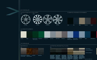 EXTERIEUR


L E I C H T M E TA L L F E L G E N                                                                                                                                          C A B R I O V E R D E C K FA R B E N
Serie                                Option




            19Ȼ Tamana                              19Ȼ Artura                    20Ȼ Kalimnos                             20Ȼ Nevis                                        Black                      Blue                      Beige                  Dark Grey                      Weinrot




A U S S E N FA R B E N
Serie




Porcelain          Ebony             Botanical Green*        Emerald Fire*   Liquid Silver*      Lunar Grey*            Vapour Grey*               Pearl Grey*              Azure Blue*                Spectrum Blue*            Frost Blue*            Indigo*                        Ultimate Black*
                                     *Metallic-Lackierung                                                                                                                   Erhältlich bis Juni 2009   Erhältlich ab Juni 2009




INTERIEUR


PA N E E L E                                                                                     I N T E R I E U R G E S T A LT U N G
Serie                                                                                            Serie

                                                                                                                                                                                                                                                               Dachverkleidung

                                                                                                                                                                                                                                                               Armaturentafeloberseite


                                                                                                                                                                                                                                                               Soft-Grain-Ledersitze


Dunkles Aluminium Glänzendes        Eichenholz              Dunkle Eiche                         Dachhimmel Jaguar      Dachhimmel Jaguar          Dachhimmel Jaguar        Dachhimmel Jaguar           Dachhimmel Jaguar        Dachhimmel Jaguar
                                                                                                 Premium-Velours        Premium-Velours in         Premium-Velours in       Premium-Velours in          Premium-Velours          Premium-Velours in
in Maschenoptik   Walnusswurzelholz                                                              in Jet, Armaturen-     Jet, Armaturentafel-       Jet, Armaturentafel-     Canvas, Armaturentafel-     in Jet, Armaturen-       Canvas, Armaturentafel-
                                                                                                 tafeloberseite und     oberseite und              oberseite und Türver-    oberseite und Türver-       tafeloberseite und       oberseite und Türver-
                                                                                                 Türverkleidungen in    Türverkleidungen in        kleidungen in Warm       kleidungen in Caramel       Türverkleidungen in      kleidungen in Oyster mit
                                                                                                 Warm Charcoal, Sitze   Warm Charcoal mit          Charcoal mit Kontrast-   mit Kontrastnähten in       Warm Charcoal mit        Kontrastnähten in Ivory,
                                                                                                 in Warm Charcoal       Kontrastnähten in Ivory,   nähten in Cranberry,     Warm Charcoal, Sitze        Kontrastnähten in        Sitze in Ivory*
                                                                                                                        Sitze in Warm Charcoal     Sitze in Warm Charcoal   in Caramel                  Ivory, Sitze in Ivory*                              *Sitze in Ivory mit Nähten in Ivory
 