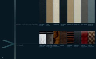 LEDER UND VERKLEIDUNGEN   Warm Charcoal      Caramel           Ivory Bond-Grain    Warm Charcoal   Caramel Soft-Grain       Ivory Soft-Grain   Oyster Soft-Grain   Slate Soft-Grain
                               Bond-Grain         Bond-Grain                            Soft-Grain                                                                      Exklusiv für Portfolio




     PA N E E L E              Pianolack Schwarz/ Pianolack Schwarz/ Glänzendes         Eichenholz      Marmoriertes             Dunkle Eiche       Furnier mit         Furnier mit
                               Strukturiertes     Dunkles Aluminium Walnusswurzelholz                   Ebenholz                 Exklusiv für XKR   Aluminiumbesatz     Aluminiumbesatz
                               Aluminium          in Maschenoptik                                       Exklusiv für Portfolio                      – Rot*              – Gold*
                                                 Exklusiv für XKR




66
 