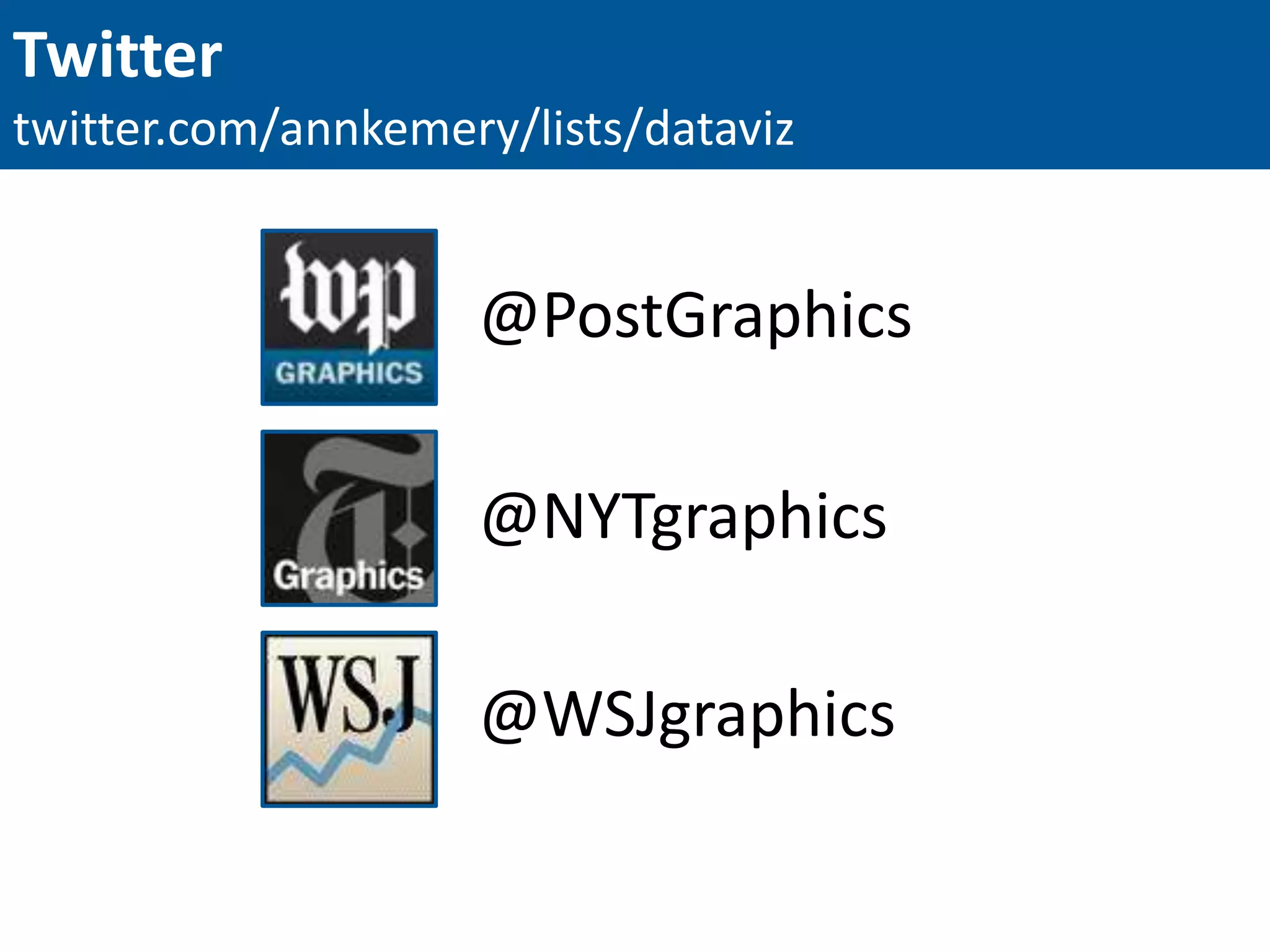 Twitter
twitter.com/annkemery/lists/dataviz
@PostGraphics
@NYTgraphics
@WSJgraphics
 
