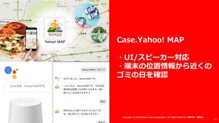 Case.Yahoo! MAP
・UI/スピーカー対応
・端末の位置情報から近くの
ゴミの日を確認
こんにちは、Yahoo! MAPです。
12
Copyright (C) 2018 Yahoo Japan Corporation. All Rights Reserved. 無断引用・転載禁止
 