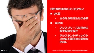 利用者数は想定よりも少ない
 UX面
• さらなる磨き込みが必要
 露出面
• プレスリリース以外の広
報手段の少なさ
• アシスタントディレクト
リの日本語化後も数値変
化なし
画像：アフロ
19
Copyright (C) 2018 Yahoo Japan Corporation. All Rights Reserved. 無断引用・転載禁止
 