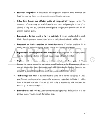   Increased competition: When demand for the product increases, more producers are
    lured into entering that sector. As a result, competition also increases.

   Other local brands are offering cloths at comparatively cheaper price: The
    consumers of our country are mostly lower income earner and per capita income of our
    country is very low. So, consumers mostly prefer cheaper price products and are not
    concern much on quality.

   Dependent on foreign suppliers for raw materials: If foreign suppliers fail to supply
    fabrics then the company production of products made of foreign fabrics will be halt.

   Dependent on foreign suppliers for finished products: If foreign suppliers fail to
    supply products then the company will not be able to offer foreign products.

   Dependent on local suppliers for raw materials: If local suppliers fail to supply fabrics
    then the company production of products made of local fabrics will be halt.

   High rent of showrooms, warehousing and transportation (fuel and gas) cost: These
    increase the cost of production and reduce overall business profit. The company did not
    shift the burden on to direct consumers as this decision might make Artisti‟s products less
    competitive against their rival firms like Vasavi, Zara, and Shoppers world.

   Traffic congestion: Most of the market outlets (nine out of eleven) are located in Dhaka
    city. Most of the time there is a crazy traffic jam almost everywhere in Dhaka city which
    leads to increase cost like petrol or gas and delay in transporting raw materials and
    finished goods into desired place.

   Political unrest and strikes: All the showrooms are kept closed during strikes or in any
    political unrest. There is no sale during that time.




                                                                                            17
 
