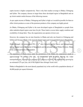capita income is higher comparatively. That is why their market coverage is Dhaka, Chittagong
and Sylhet. The company chooses to target these three developed region in Bangladesh and set
up Artisti market outlets because of the following reasons:

As per capita income of Dhaka, Chittagong and Sylhet is high so it would be possible for them to
effort Artisti products as some of the premium products of the company are highly priced.

As Dhaka, Chittagong and Sylhet is the most developed region of Bangladesh so people from
other underdeveloped region come here for job. These leads to excess labor supply condition and
availability of cheap labor. Thus, the organization can operate at lower cost.

However, the company has set nine branches in Dhaka and only one branch in Chittagong and
Sylhet each because Dhaka is the most developed region and most populated area in Bangladesh.

Dhaka (Bengali: ঢাকা, pronounced IPA: [ˈ ʱ aka]; formerly spelled Dacca, and Jahangirnagar,
                                        ɖ
during Mughal era) is the capital of Bangladesh and the principal city of Dhaka Division. Dhaka
is the commercial heart of Bangladesh.

The population of Dhaka (areas under the jurisdiction of the Dhaka city corporation) stands at
approximately 7.0 million. The city, in combination with localities forming the wider
metropolitan area, is home to an estimated 14.6 million as of 2010. The population is growing by
an estimated 4.2% per year, one of the highest rates amongst Asian cities.

Dhaka in Bangladesh is the most densely populated city in the world with a population density of
46,000 people per square kilometer.




                                                                                             47
 