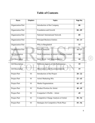 Table of Contents

      Parts         Chapters                        Topics                     Page No.

Organization Part              Introduction of the Company                       08

Organization Part              Foundation and Growth                           08 - 09

Organization Part              National/ International Network                   09

Organization Part              Principal Business Entities                     10 - 13

Organization Part              Why in Bangladesh                                 13

Organization Part              SWOT Analysis                                   14 - 17

Job Description                Work Experience at Artisti Collection Limited     18

Job Description                Daily Work / Job Responsibilities                 18

Job Description                Different Aspects of Job Performance              19

Job Description                Observations and Recommendations                  19

Project Part          01       Introduction of the Project                     20 - 22

Project Part          01       Artisti Marketing Mix                           23 - 43

Project Part          01       Market Segmentation                             44 - 47

Project Part          01       Product Position for Artisti                    48 - 49

Project Part          01       Competitor‟s Profile – Artisti                    49

Project Part          01       Competitive Change Analysis of Artisti          50 - 54

Project Part          01       Strategies for Competitive Work Place           55 - 56



                                                                                          6
 
