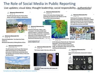 13
Compliance and Reporting in the Minerals Industry
The Role of Social Media in Public Reporting
Live updates; visual data; thought leadership; social responsibility…authenticity!
 
