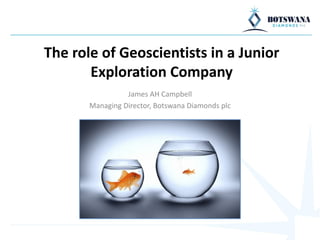 The role of Geoscientists in a Junior
Exploration Company
James AH Campbell
Managing Director, Botswana Diamonds plc
 