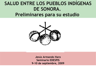 SALUD ENTRE LOS PUEBLOS INDÍGENAS DE SONORA.  Preliminares para su estudio   Jesús Armando Haro Seminario EDESPIS 9-10 de septiembre, 2009 