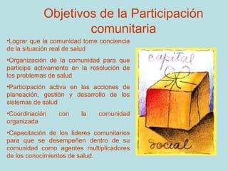 Objetivos de la Participación comunitaria Lograr que la comunidad tome conciencia de la situación real de salud Organización de la comunidad para que participe activamente en la resolución de los problemas de salud Participación activa en las acciones de planeación, gestión y desarrollo de los sistemas de salud Coordinación con la comunidad organizada  Capacitación de los lideres comunitarios para que se desempeñen dentro de su comunidad como agentes multiplicadores de los conocimientos de salud. 