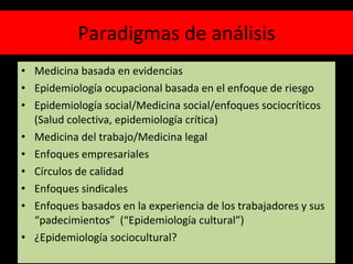Paradigmas de análisis <ul><li>Medicina basada en evidencias </li></ul><ul><li>Epidemiología ocupacional basada en el enfo...