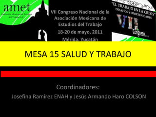 MESA 15 SALUD Y TRABAJO Coordinadores: Josefina Ramírez ENAH y Jesús Armando Haro COLSON VII Congreso Nacional de la Asoci...