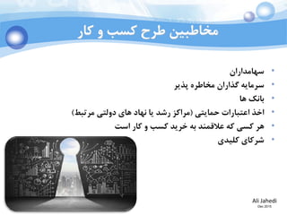 Ali Jahedi
Dec 2015
‫کار‬ ‫و‬ ‫کسب‬ ‫طرح‬ ‫مخاطبين‬
•‫سهامداران‬
•‫پذیر‬ ‫مخاطره‬ ‫گذاران‬ ‫سرمایه‬
•‫ها‬ ‫بانک‬
•‫حمایتي‬ ‫اعتبارات‬ ‫اخذ‬(‫مرتبط‬ ‫دولتي‬ ‫های‬ ‫نهاد‬ ‫یا‬ ‫رشد‬ ‫مراکز‬)
•‫است‬ ‫کار‬ ‫و‬ ‫کسب‬ ‫خرید‬ ‫به‬ ‫عالقمند‬ ‫که‬ ‫کسي‬ ‫هر‬
•‫کليدی‬ ‫شرکای‬
 
