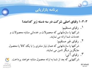 Ali Jahedi
Dec 2015
‫بازاریابی‬ ‫برنامه‬
3-3-1‫کدامند؟‬ ‫زیر‬ ‫دسته‬ ‫سه‬ ‫در‬ ‫شرکت‬ ‫اصلی‬ ‫رقبای‬
.1‫مستقیم‬ ‫رقبای‬:
‫و‬ ‫محصوالت‬ ‫مشابه‬ ‫خدماتی‬ ‫و‬ ‫محصوالت‬ ‫که‬ ‫سازمانهایی‬ ‫یا‬ ‫شرکتها‬
‫نمایند‬ ‫می‬ ‫ارائه‬ ‫شما‬ ‫خدمات‬.
.2‫مستقیم‬ ‫غیر‬ ‫رقبای‬:
‫محصول‬ ‫یا‬ ‫کاال‬ ‫یک‬ ‫با‬ ‫را‬ ‫مشتری‬ ‫نیاز‬ ‫همان‬ ‫که‬ ‫سازمانهایی‬ ‫یا‬ ‫شرکتها‬
‫نمایند‬ ‫می‬ ‫تامین‬ ‫دیگر‬ ‫جایگزین‬.
.3‫آتی‬ ‫رقبای‬:
‫پرداخت‬ ‫خواهند‬ ‫مشابه‬ ‫محصول‬ ‫ارائه‬ ‫به‬ ‫شما‬ ‫از‬ ‫بعد‬ ‫که‬ ‫شرکتهایی‬.
 