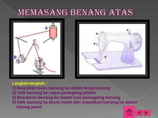 Langkah-langkah :
1) Masukkan buku benang ke dalam tiang benang
2) Tarik benang ke ceper penegang jahitan
3) Masukkan benang ke dalam tuas pemegang benang
4) Tarik benang ke jarum mesin dan masukkan benang ke dalam
   lubang jarum
 