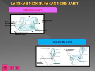 Sebelum Menjahit
                      c.Pasangkan benang



                                               Laraskan mata
D) Turunkan jarum                              jahitan
dan tarik keluar
benang bawah


                                      Pasangkan jarum
              Pasangkan sekoci
              kedalam mesin




                                                               Selepas Menjahit
 