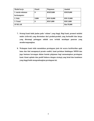 Modal kerja Ekuiti Pinjaman Jumlah 
1. mesin sulaman 
berkomputer 
0 RM35,000 RM35,000 
2. Stok 5,000 RM 10,000 RM 15,000 
3. Tunai 0 RM 5,000 RM 5,000 
JUMLAH Rm 55,000 
7. Strategi kami ialah jualan pada ‘volume’ yang tinggi. Bagi kami, promosi melalui 
mulut (referral) yang dicetuskan dari produk-produk yang berkualiti dan harga 
yang disenangi pelanggan adalah cara terbaik mendapat pasaran yang 
memberangsangkan. 
8. Walaupun kami telah memulakan perniagaan jenis ini secara kecil-kecilan agak 
lama dan kini mempunyai premis sendiri, kami perlukan bimbingan MPEB dan 
juga bantuan kewangan dalam bentuk pinjaman bagi memantapkan perniagaan 
kami. Kami optimis dan positif bahawa dengan strategi yang betul dan komitmen 
yang tinggi boleh mengembangkan perniagaan ini. 
4 
 