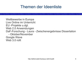 Themen sollen klarer strukturiert werden  jeder erste Di im Monat – Kennenlernen, eigene Projekte vorstellen „Socializing“ 
