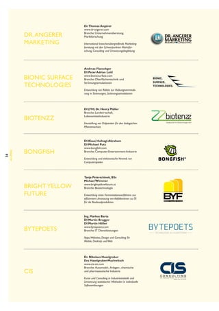 DR. ANGERER
MARKETING

Bionic Surface
Technologies

36

Alumni

Biotenzz

Bongfish

Dr.Thomas Angerer
www.dr-angerer.com
Branche: Unternehmensberatung,
Marktforschung
International branchenübergreifende Marketingberatung mit den Schwerpunkten Marktforschung, Consulting und Umsetzungsbegleitung

Andreas Flanschger
DI Peter Adrian Leitl
www.bionicsurface.com
Branche: Oberflächentechnik und
Strömungssimulationen
Entwicklung von Riblets zur Reibungsverminderung in Strömungen, Strömungssimulationen

DI (FH) Dr. Henry Müller
Branche: Landwirtschaft,
Lebensmittelindustrie
Herstellung von Präparaten für den biologischen
Pflanzenschutz

DI Klaus Hufnagl-Abraham
DI Michael Putz
www.bongfish.com
Branche: Computer-Entertainment-Industrie
Entwicklung und elektronischer Vertrieb von
Computerspielen

Bright Yellow
Future

BYTEPOETS

Tanja Peterschinek, BSc
Michael Wimmer
www.brightyellowfuture.at
Branche: Biotechnologie
Entwicklung eines Fermentationsverfahrens zur
effizienten Umsetzung von Abfallströmen zu Öl
für die Biodieselproduktion.

Ing. Markus Barta
DI Martin Brugger
DI Martin Höller
www.bytepoets.com
Branche: IT Dienstleistungen
Apps,Websites, Design und Consulting für
Mobile, Desktop und Web

CIS

Dr. Nikolaus Haselgruber
Eva Haselgruber-Muchwitsch
www.cis-on.com
Branche:  Automobil-,  Anlagen-, chemische
und pharmazeutische Industrie
Kurse und Consulting in Industriestatistik und
Umsetzung statistischer Methoden in individuelle
Softwarelösungen

Gesellschaft für Biotechnologie mbH

 