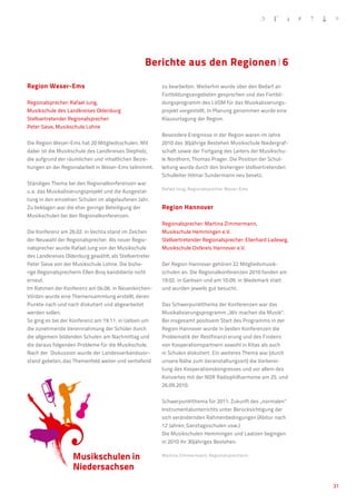 Berichte aus den Regionen�6

    Region Weser-Ems                                        zu bearbeiten. Weiterhin wurde über den Bedarf an
                                                            Fortbildungsangeboten gesprochen und das Fortbil-
    Regionalsprecher: Rafael Jung,                          dungsprogramm des LVDM für das Musikalisierungs-
    Musikschule des Landkreises Oldenburg                   projekt vorgestellt. In Planung genommen wurde eine
    S
     tellvertretender Regionalsprecher:                    Klausurtagung der Region.
    Peter Sieve, Musikschule Lohne
                                                            Besondere Ereignisse in der Region waren im Jahre
    Die Region Weser-Ems hat 20 Mitgliedsschulen. Mit       2010 das 30jährige Bestehen Musikschule Niedergraf-
    dabei ist die Musikschule des Landkreises Diepholz,     schaft sowie der Fortgang des Leiters der Musikschu-
    die aufgrund der räumlichen und inhaltlichen Bezie-     le Nordhorn, Thomas Prager. Die Position der Schul-
    hungen an der Regionalarbeit in Weser-Ems teilnimmt.    leitung wurde durch den bisherigen stellvertretenden
                                                            Schulleiter Hilmar Sundermann neu besetz.
    Ständiges Thema bei den Regionalkonferenzen war
                                                            Rafael Jung, Regionalsprecher Weser-Ems
    u.a. das Musikalisierungsprojekt und die Ausgestal-
    tung in den einzelnen Schulen im abgelaufenen Jahr.
    Zu beklagen war die eher geringe Beteiligung der        Region Hannover
    Musikschulen bei den Regionalkonferenzen.
                                                            Regionalsprecher: Martina Zimmermann,
    Die Konferenz am 26.02. in Vechta stand im Zeichen      Musikschule Hemmingen e.V.
    der Neuwahl der Regionalsprecher. Als neuer Regio-      Stellvertretender Regionalsprecher: Eberhard Ladewig,
    nalsprecher wurde Rafael Jung von der Musikschule       Musikschule Ostkreis Hannover e.V.
    des Landkreises Oldenburg gewählt, als Stellvertreter
    Peter Sieve von der Musikschule Lohne. Die bishe-       Der Region Hannover gehören 22 Mitgliedsmusik-
    rige Regionalsprecherin Ellen Broy kandidierte nicht    schulen an. Die Regionalkonferenzen 2010 fanden am
    erneut.                                                 19.02. in Garbsen und am 10.09. in Wedemark statt
    Im Rahmen der Konferenz am 04.06. in Neuenkirchen-      und wurden jeweils gut besucht.
    Vörden wurde eine Themensammlung erstellt, deren
    Punkte nach und nach diskutiert und abgearbeitet        Das Schwerpunktthema der Konferenzen war das
    werden sollen.                                          Musikalisierungsprogramm „Wir machen die Musik“.
    So ging es bei der Konferenz am 19.11. in Uelsen um     Bei insgesamt positivem Start des Programms in der
    die zunehmende Vereinnahmung der Schüler durch          Region Hannover wurde in beiden Konferenzen die
    die allgemein bildenden Schulen am Nachmittag und       Problematik der Restfinanzi erung und des Findens
    die daraus folgenden Probleme für die Musikschule.      von Kooperationspartnern sowohl in Kitas als auch
    Nach der Diskussion wurde der Landesverbandsvor-        in Schulen diskutiert. Ein weiteres Thema war (durch
    stand gebeten, das Themenfeld weiter und vertiefend     unsere Nähe zum Veranstaltungsort) die Vorberei-
                                                            tung des Kooperationskongresses und vor allem des
                                                            Konzertes mit der NDR Radiophilharmonie am 25. und
                                                            26.09.2010.


                                                            Schwerpunktthema für 2011: Zukunft des „normalen“
                                                            Instrumentalunterrichts unter Berücksichtigung der
                                                            sich verändernden Rahmenbedingungen (Abitur nach
                                                            12 Jahren, Ganztagsschulen usw.)
                                                            Die Musikschulen Hemmingen und Laatzen begingen
                                                            in 2010 ihr 30jähriges Bestehen.

                                                            Martina Zimmermann, Regionalsprecherin




                                                                                                                    31
 