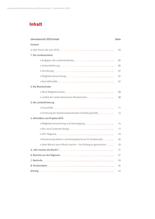Landesverband Niedersächsischer Musikschulen �Jahresbericht 2010




                      Inhalt


                       Jahresbericht 2010 Inhalt                                                 Seite

                       Vorwort

                       In aller Kürze: Das Jahr 2010                                              03

                       1. Der Landesverband

                       	          • Aufgaben des Landesverbandes                                  05

                       	          • Verbandsführung                                               06

                       	          • Vernetzung                                                    07

                       	          • Mitgliederversammlung                                         07

                       	          • Geschäftsstelle                                               07

                       2. Die Musikschulen

                       	          • Neue Mitgliedsschulen                                         08

                       	          • Leitbild der niedersächsischen Musikschulen                   08

                       3. Die Landesförderung

                       	          • Finanzhilfe                                                   11

                       	          • Förderung der Studienvorbereitenden Ausbildung (SVA)          12

                       4. Aktivitäten und Projekte 2010

                       	          • Mitgliederversammlung und Jahrestagung                        14

                       	          • Das neue Corporate Design                                     17

                       	          • VIFF-Regional                                                 19

                       	          • Musikschulpraktikum und Kompaktseminar für Studierende        20

                       	          • Jeder Mensch kann Musik machen – Von Anfang an gemeinsam      20

                       5. „Wir machen die Musik!“                                                 21

                       6. Berichte aus den Regionen                                               31

                       7. Nachrufe                                                                33

                       8. Strukturdaten                                                           34

                       Anhang                                                                     42
 