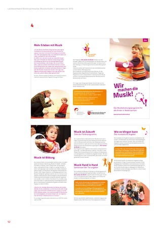 Landesverband Niedersächsischer Musikschulen �Jahresbericht 2010




                      4

                                                                                                                                                                                                                         Kita


                          Mehr Erleben mit Musik
                          „Für den Bereich der Musik bringt das Kind seine eigene
                          musikalische Grundausstattung mit: seine Stimme als
                          eigenes Instrument und seinen Herzschlag als Grundrhyth­
                          mus. Über Sprechgesang, Sing­ und rhythmische Spiele und                                       WIr MAcHEn
                          Lieder erschließt sich das Kind die Musik.                                                     dIE MUSIK!
                          Es erfährt sich und seine soziale wie materielle Umwelt
                          aber auch im Kontext von Sprache, Tempo, Klang, Körper              Das Programm Wir machen die Musik! fördert seit dem
                          und Bewegung. Musik hat eine wichtige Bedeutung für                 Schuljahr 2009/10 die Zusammenarbeit von Musikschulen und
                          das Zusammenleben in der Gruppe. Hier ist auch Raum                 anderen öffentlichen Bildungseinrichtungen. Es leistet damit
                          dafür, Lieder aus anderen Kulturkreisen kennen zu lernen.           einen Beitrag zur Entwicklung der kommunalen Bildungsland­
                          Durch Musikmachen oder Singen kann Gemeinsamkeit zum                schaft.
                          Ausdruck gebracht und können besondere Rituale im Tages­            Finanziert werden die Projekte durch das Land Niedersachsen
                          oder Wochenlauf unterstrichen werden. Kein Tag in der               und die örtlichen Bildungspartner.
                          Tageseinrichtung sollte vergehen, ohne dass Musik in der            Den inhaltlichen und organisatorischen Rahmen für alle
                          einen oder anderen Weise selber gemacht wird.“                      Angebote bilden abgestimmte Förderleitlinien. Träger des
                                                                                              Programms ist der Landesverband niedersächsischer Musik­
                          Aus dem „Orientierungsplan für Bildung und Erziehung im Elemen­
                                                                                              schulen im Auftrag des Niedersächsischen Ministeriums für
                          tarbereich niedersächsischer Tageseinrichtungen für Kinder“
                                                                                              Wissenschaft und Kultur.




                                                                                                                                                                   r
                                                                                                                                                                Wiachen die
                                                                                              Für Fragen oder Anregungen wenden Sie sich bitte an Ihre
                                                                                              örtliche Musikschule oder an den Landesverband niedersäch­
                                                                                              sischer Musikschulen.


                                                                                                                                                                 m
                                                                                                                                                                Musik!
                                                                                                Landesverband niedersächsischer Musikschulen e. V.
                                                                                                Arnswaldtstraße 28 | 30159 Hannover
                                                                                                Telefon: + 49.511.159 19 | Telefax: + 49.511.159 01

                                                                                                Mail: info@musikschulen­niedersachsen.de
                                                                                                www.musikschulen­niedersachsen.de
                                                                                                www.wirmachendiemusik.de

                                                                                                Präsidentin: Gitta Connemann MdB



                                                                                                                                                                Das Musikalisierungsprogramm für
                                                                                                                                                                alle Kinder in Niedersachsen
                                                                                                     Landesverband
                                                                                                     niedersächsischer
                                                                                                     Musikschulen                                               www.wirmachendiemusik.de




                                                                                                Musik ist Zukunft                                               Wie es klingen kann
                                                                                                Ziele des Förderprogramms                                       Das musikalische Angebot
                                                                                                                                                                Die musikalischen Angebote basieren auf etablierten Me­
                                                                                                Der Landesverband niedersächsischer Musikschulen hat in
                                                                                                                                                                thoden und Materialien der Elementaren Musikpädagogik.
                                                                                                enger Zusammenarbeit mit dem Niedersächsischen Ministe­
                                                                                                                                                                Sie folgen einem offenen Konzept. Ziele und Inhalte des
                                                                                                rium für Wissenschaft und Kultur, dem Niedersächsischen
                                                                                                                                                                Angebots werden individuell auf die Bedürfnisse der Kita
                                                                                                Kultusministerium sowie den Kommunalen Spitzenverbänden
                                                                                                                                                                und der Kinder abgestimmt.
                                                                                                Niedersachsens das Musikalisierungsprogramm Wir machen
                                                                                                die Musik! konzipiert.
                                                                                                Das Programm will möglichst vielen Kindern verbesserte Ent­       In einem Alter, das durch Spielfreude, Unbefangenheit
                                                                                                wicklungs­ und Bildungschancen eröffnen. Sie sollen in allen      beim Singen und Bewegen sowie Offenheit gegenüber
                                                                                                Phasen ihrer Entwicklung von 0 bis 10 Jahren ein elementares      verschiedensten musikalischen Stilen charakterisiert
                                                                                                und altersgerechtes musikalisches Angebot erhalten. Mit dem       ist, können musikalische Erfahrungen phantasievoll
                                                                                                Förderprogramm sollen landesweit 80 % aller Kinder im Kinder­     und experimentell gemacht werden.

                          Musik ist Bildung                                                     gartenalter erreicht werden.

                                                                                                                                                                Die Durchführung der musikalischen Angebote erfolgt
                          Die meisten Kinder im Vorschulalter kommen heute vor allem                                                                            grundsätzlich in enger Zusammenarbeit zwischen musik­

                                                                                                Musik Hand in Hand
                          passiv mit Musik in Berührung. Musik ist überall: im Radio,                                                                           pädagogischen Fachkräften und Erzieherinnen. Auf diese
                          Fernsehen, Computer und im Supermarkt. Sie wird jedoch                                                                                Weise erhalten Erzieherinnen fortlaufend Anregungen für
                          selten selbst gemacht, denn es gibt nur wenige Familien, in           Gemeinsam den Ton angeben                                       die Erweiterung des eigenen pädagogischen Repertoires
                          denen noch gesungen oder musiziert wird. Dabei unterstützt                                                                            und können so dazu beitragen, dass Musik zu einem festen
                          aktives Singen und Musizieren die kognitive Entwicklung von                                                                           Bestandteil im Kitaalltag wird.
                                                                                                Die musikalische Bildung ist Auftrag von Kindertageseinrich­
                          Kindern. Über Singen, Rhythmus und Bewegung können zum
                                                                                                tungen und Musikschulen gleichermaßen. Im Rahmen von
                          Beispiel Fähigkeiten gefördert werden, die zum Erlernen einer
                                                                                                Wir machen die Musik! arbeiten beide Einrichtungen zusam­
                          Sprache notwendig sind. Musik ermöglicht eine ganzheitliche
                                                                                                men, um das gemeinsame Singen, Spielen und Tanzen von
                          Förderung, die Emotionalität, Kreativität, Motorik, kognitives
                                                                                                Kindern im Elementarbereich zu fördern.
                          und soziales Lernen umfasst. Aus diesem Grund sollten mög­
                          lichst alle Kinder in niedersächsischen Kindertageseinrichtun­
                          gen ein elementares musikalisches Angebot und damit einen               Basis ist eine Verzahnung von pädagogischen Ansätzen
                          Zugang zur Musik erhalten.                                              aus Musikschulen und Kindertageseinrichtungen zur
                                                                                                  elementaren Bildung und Erziehung von Kindern.
                          „Musik ist ein wichtiger Bestandteil der Bildung. Wir werden
                                                                                                  So werden auch die vielfältigen Bildungsangebote der
                          deshalb mit den Landkreisen und den Kommunen dafür Sorge
                                                                                                  Kita, wie etwa die Bewegungs- und Sprachförderung oder
                          tragen, dass alle Kinder in Niedersachsen Zugang zu musika­
                                                                                                  die Integration von Kindern mit besonderem Förderbe-
                          lischer Bildung erhalten. Die Zusammenarbeit von Musikschu­
                                                                                                  darf, unterstützt.
                          len mit Kindergärten und Schulen fördern wir, um möglichst
                          früh alle Kinder in Niedersachsen zu erreichen.“

                          Aus der Regierungserklärung der niedersächsischen CDU/FDP­Landes­     Mit dem wöchentlich stattfindenden, individuell angepassten
                          regierung 2008                                                        Angebot sollen alle Kinder einer Kita angesprochen werden.

                                                                                                                                                                                                             Fotos: Janko Woltersmann




52
 