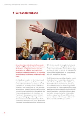 Landesverband Niedersächsischer Musikschulen �Jahresbericht 2010




                 1�Der Landesverband




                      Der Landesverband niedersächsischer Musikschulen         Öffentlichkeit sowie die Beratung der Musikschulträ-
                      ist Fach- und Trägerverband von 74 niedersächsischen     ger und des Landes. Im Auftrag des Landes leitet der
                      Musikschulen, die Mitglied im Verband deutscher          Landesverband Fördermittel an anspruchsberechtigte
                      Musikschulen e.V. (VdM) sind. Der Landesverband          Musikschulen weiter. Zur Deckung der dadurch entste-
                      erstrebt ein Zusammenwirken aller für die Einrichtung,   henden Verwaltungskosten wird der Landesverband
                      Unterhaltung und Förderung von Musikschulen tätigen      vom Land Niedersachsen gefördert.
                      Kräfte.
                                                                               Zur Erfüllung der satzungsmäßigen Aufgaben arbeitet
                      Durch die Zusammenarbeit mit allen Institutionen, Or-    der Landesverband intensiv mit dem Niedersächsi-
                      ganisationen und Akteuren des Musiklebens trägt der      schen Ministerium für Wissenschaft und Kultur, dem
                      Landesverband entscheidend zur Förderung des inst-       Niedersächsischen Kultusministerium, dem Landes-
                      rumentalen und vokalen Musizierens und der Musik-        musikrat Niedersachsen und den darin organisierten
                      erziehung in ganz Niedersachsen bei. Die Entwicklung     Musikverbänden, den Kommunalen Spitzenverbänden
                      von inhaltlichen, pädagogischen und organisatorischen    Niedersachsens, den Ausbildungsstätten für künftige
                      Rahmenrichtlinien und Konzepten, die Mitarbeiter- und    Musikschullehrkräfte (Hochschule für Musik, Theater
                      Führungskräftequalifizierung, die Entwicklung von        und Medien Hannover, Hochschule Osnabrück), der
                      Projekten und Förderprogrammen sowie die Durch-          Landesvereinigung kulturelle Jugendbildung Nieder-
                      führung von Fachtagungen sind wichtige Felder, in        sachsen und weiteren Einrichtungen und Verbänden
                      denen der Landesverband niedersächsischer Musik-         der musisch-kulturellen Bildung zusammen.
                      schulen die Qualitätsentwicklung an den Musikschulen
                      unterstützt. Weitere Aufgaben sind die Information der




04
 
