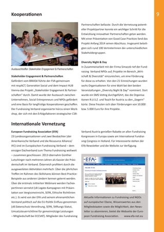9 
PartnerschaŌ en befasste. Durch die Vernetzung potenƟ - 
eller Projektpartner konnte ein wichƟ ger SchriƩ für die 
Entwicklung innovaƟ ver PartnerschaŌ en getan werden. 
Mit einer PräsentaƟ on von Good Case PracƟ ces fand das 
Projekt Anfang 2014 seinen Abschluss. Insgesamt beteili-gten 
sich rund 100 VertreterInnen der unterschiedlichen 
Stakeholdergruppen. 
Diversity Night & Day 
In Zusammenarbeit mit der Firma Simacek rief der Fund-raising 
Verband NPOs auf, Projekte im Bereich „Wirt-scha 
Ō & Diversität“ einzureichen, um eine Förderung 
für diese zu erhalten. Von den 21 Einreichungen wurden 
sechs OrganisaƟ onen für eine Wahl bei den beiden 
Veranstaltungen „Diversity Night & Day“ nominiert. Dort 
wurde ein SMS-VoƟ ng durchgeführt, das die Organisa- 
Ɵ onen R.U.S.Z. und Teach for Austria zu den „Siegern“ 
kürte. Diese freuten sich über Förderungen von 10.000 
bzw. 5.000 Euro für ihre Projekte. 
KooperaƟ onen 
Stakeholder Engagement & Partnerschaften 
Stakeholder Engagement & PartnerschaŌ en 
Gefördert vom BMASK führte der FVA gemeinsam 
mit respACT, GeneraƟ on Social und dem Impact HUB 
Vienna das Projekt „Stakeholder Engagement & Partner-scha 
Ō en“ durch. Damit wurde der Austausch zwischen 
Unternehmen, Social Entrepreneurs und NPOs gefördert 
und eine Basis für langfrisƟ ge KooperaƟ onen geschaff en. 
Der Fundraising Verband organisierte hierzu einen Work-shop, 
der sich mit den Erfolgsfaktoren strategischer CSR-Austauschtreffen 
InternaƟ onale Vernetzung 
European Fundraising AssociaƟ on (EFA) 
23 LandesorganisaƟ onen und zwei Beobachter (der 
Amerikanische Verband und die Ressource Alliance/ 
IFC) sind im Europäischen Fundraising Verband – dem 
einzigen Dachverband zum Thema Fundraising weltweit 
– zusammen geschlossen. 2013 übernahm Günther 
Lutschinger nach mehreren Jahren als Kassier die Präsi-dentscha 
Ō im Verband. Österreich profi Ɵ ert durch die 
ausgeweiteten AkƟ vitäten mehrfach: Über die jährlichen 
Treff en im Rahmen des Skillshares können Best-PracƟ ce- 
Beispiele aus anderen Ländern kennen gelernt werden. 
Über die erstmals iniƟ ierten Webinare werden Fachex-pertInnen 
vernetzt (zB Legate-Kampagnen mit Präsen-ta 
Ɵ on von Vergissmeinnicht, SEPA, Ethische Richtlinien 
etc.). Es wird von der EFA und seinem ehrenamtlichen 
Vorstand poliƟ sch auf die EU-PoliƟ k Einfl uss genommen 
(zB Datenschutz-Verordnung, SEPA, SƟ Ō ungs-Statut, 
Umsatzsteuerrichtlinie für gemeinnützige Leistungen 
– MitgliedschaŌ bei ECCVAT). Mitglieder des Fundraising 
Verband Austria genießen RabaƩ e an allen Fundraising 
Kongressen in Europa sowie am InternaƟ onal Fundrai-sing 
Congress in Holland. Für Interessierte stehen der 
EFA-NewsleƩ er und die Website zur Verfügung. 
Aktuelle InformaƟ onen zu Fundraising und NGOs 
auf europäischer Ebene, Wissenswertes aus den 
Mitgliedstaaten sowie die Möglichkeit, den News-le 
Ʃ er zu abonnieren, bietet die Webseite der Euro-pean 
Fundraising AssociaƟ on. www.efa-net.eu 
 