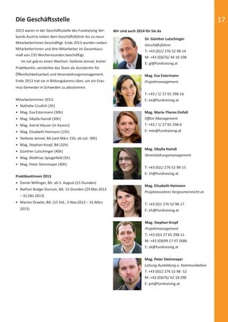 Die GeschäŌ sstelle 17 
2013 waren in der GeschäŌ sstelle des Fundraising Ver- Wir sind auch 2014 für Sie da 
bands Austria neben dem GeschäŌ sführer bis zu neun 
MitarbeiterInnen beschäŌ igt. Ende 2013 wurden sieben 
Mitarbeiterinnen und drei Mitarbeiter im Gesamtaus-maß 
von 235 Wochenstunden beschäŌ igt. 
Im Juli gab es einen Wechsel. Stefanie Jennel, bisher 
PrakƟ kanƟ n, verstärkte das Team als AssistenƟ n für 
Öff entlichkeitsarbeit und Veranstaltungsmanagement. 
Ende 2013 trat sie in Bildungskarenz über, um ein Eras-mus- 
Semester in Schweden zu absolvieren. 
MitarbeiterInnen 2013: 
• Nathalie Czudich (3h) 
• Mag. Eva Estermann (30h) 
• Mag. Sibylla Haindl (30h) 
• Mag. Astrid Häuser (in Karenz) 
• Mag. Elisabeth Heimann (15h) 
• Stefanie Jennel, BA (seit März 15h; ab Juli: 30h) 
• Mag. Stephan Kropf, BA (32h) 
• Günther Lutschinger (40h) 
• Mag. MaƩ hias Spiegelfeld (5h) 
• Mag. Peter Steinmayer (40h) 
PrakƟ kantInnen 2013 
• Daniel Willinger, BA: ab 5. August (15 Stunden) 
• Nathan Bodge-Duncan, BA: 15 Stunden (29.Mai 2013 
– 31.Okt.2013) 
• Marion Draxler, BA: (15 Std., 5.Nov.2012 – 31.März 
2013) 
Dr. Günther Lutschinger 
GeschäŌ sführer 
T: +43 (0)1/ 276 52 98-14 
M: +43 (0)676/ 44 10 108 
E: gl@fundraising.at 
Mag. Eva Estermann 
Projektmanagement 
T: +43 / 1/ 27 65 298-16 
E: ee@fundraising.at 
Mag. Marie-Theres Einfalt 
Offi ce-Management 
T: +43 / 1/ 27 65 298-0 
E: mte@fundraising.at 
Mag. Sibylla Haindl 
Veranstaltungsmanagement 
T: +43 (0)1/ 276 52 98-15 
E: sh@fundraising.at 
Mag. Elisabeth Heimann 
Projektassistenz Vergissmeinnicht.at 
T: +43 (0)1 276 52 98-17 
E: eh@fundraising.at 
Mag. Stephan Kropf 
Projektmanagement 
T: +43 (0)1 27 65 298-11 
M: +43 (0)699 17 47 2686 
E: sk@fundraising.at 
Mag. Peter Steinmayer 
Leitung Ausbildung u. KommunikaƟ on 
T: +43 (0)1/ 276 52 98 -12 
M: +43 (0)676/ 62 18 290 
E: pst@fundraising.at 
 