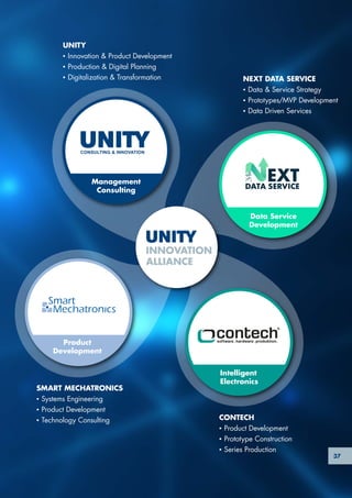 CONSULTING & INNOVATION
Management
Consulting
Product
Development
software.hardware.produktion.
Intelligent
Electronics
Data Service
Development
INNOVATION
ALLIANCE
37
UNITY▪
▪ Innovation & Product Development▪
▪ Production & Digital Planning▪
▪ Digitalization & Transformation
SMART MECHATRONICS▪
▪ Systems Engineering▪
▪ Product Development▪
▪ Technology Consulting
NEXT DATA SERVICE▪
▪ Data & Service Strategy▪
▪ Prototypes/MVP Development▪
▪ Data Driven Services
CONTECH▪
▪ Product Development▪
▪ Prototype Construction▪
▪ Series Production
 
