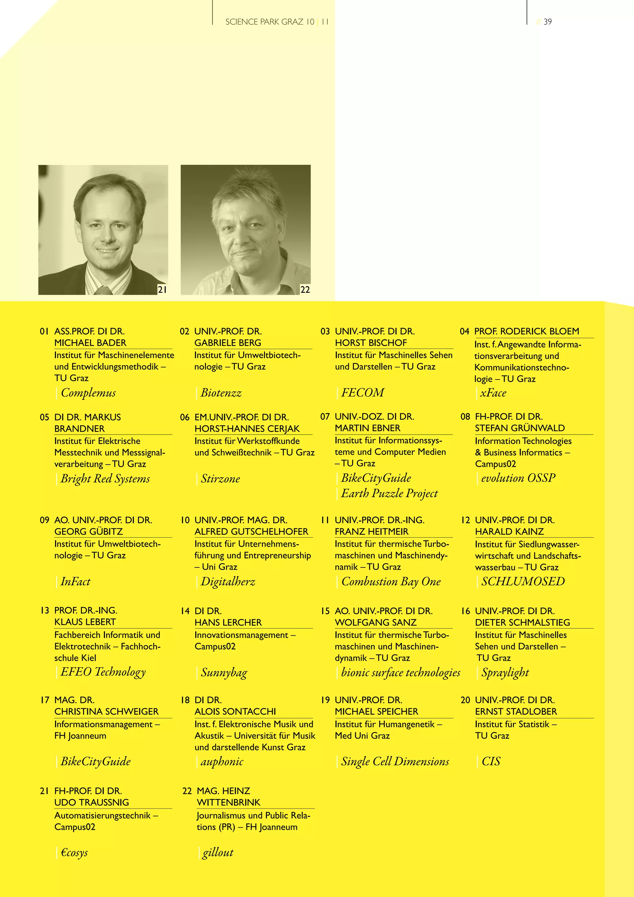 SCIENCE PARK GRAZ 10 | 11                                                        // 39




                             21                                 22



01 ASS.PROF. DI DR.               02 UNIV.-PROF. DR.                 03 UNIV.-PROF. DI DR.              04 PROF. RODERICK BLOEM
   MICHAEL BADER                     GABRIELE BERG                      HORST BISCHOF                      Inst. f. Angewandte Informa-
   Institut für Maschinenelemente    Institut für Umweltbiotech-        Institut für Maschinelles Sehen    tionsverarbeitung und
   und Entwicklungsmethodik –        nologie – TU Graz                  und Darstellen – TU Graz           Kommunikationstechno-
   TU Graz                                                                                                 logie – TU Graz
   | Complemus                       | Biotenzz                          | FECOM                            | xFace
05 DI DR. MARKUS                  06 EM.UNIV.-PROF. DI DR.        07 UNIV.-DOZ. DI DR.                   08 FH-PROF. DI DR.
   BRANDNER                          HORST-HANNES CERJAK             MARTIN EBNER                           STEFAN GRÜNWALD
   Institut für Elektrische          Institut für Werkstoffkunde     Institut für Informationssys-          Information Technologies
   Messtechnik und Messsignal-       und Schweißtechnik – TU Graz    teme und Computer Medien               & Business Informatics –
   verarbeitung – TU Graz                                            – TU Graz                              Campus02
   | Bright Red Systems              | Stirzone                          | BikeCityGuide                     | evolution OSSP
                                                                         | Earth Puzzle Project

09 AO. UNIV.-PROF. DI DR.         10 UNIV.-PROF. MAG. DR.         11 UNIV.-PROF. DR.-ING.                12 UNIV.-PROF. DI DR.
   GEORG GÜBITZ                      ALFRED GUTSCHELHOFER            FRANZ HEITMEIR                         HARALD KAINZ
   Institut für Umweltbiotech-       Institut für Unternehmens-      Institut für thermische Turbo-         Institut für Siedlungwasser-
   nologie – TU Graz                 führung und Entrepreneurship    maschinen und Maschinendy-             wirtschaft und Landschafts-
                                     – Uni Graz                      namik – TU Graz                        wasserbau – TU Graz
   | InFact                          | Digitalherz                       | Combustion Bay One                | SCHLUMOSED

13 PROF. DR.-ING.                 14 DI DR.                          15 AO. UNIV.-PROF. DI DR.           16 UNIV.-PROF. DI DR.
   KLAUS LEBERT                      HANS LERCHER                       WOLFGANG SANZ                       DIETER SCHMALSTIEG
   Fachbereich Informatik und        Innovationsmanagement –            Institut für thermische Turbo-      Institut für Maschinelles
   Elektrotechnik – Fachhoch-        Campus02                           maschinen und Maschinen-            Sehen und Darstellen –
   schule Kiel                                                          dynamik – TU Graz                    TU Graz
   | EFEO Technology                 | Sunnybag                          | bionic surface technologies       | Spraylight

17 MAG. DR.                       18 DI DR.                           19 UNIV.-PROF. DR.                 20 UNIV.-PROF. DI DR.
   CHRISTINA SCHWEIGER               ALOIS SONTACCHI                     MICHAEL SPEICHER                   ERNST STADLOBER
   Informationsmanagement –          Inst. f. Elektronische Musik und    Institut für Humangenetik –        Institut für Statistik –
   FH Joanneum                       Akustik – Universität für Musik     Med Uni Graz                       TU Graz
                                     und darstellende Kunst Graz
   | BikeCityGuide                   | auphonic                          | Single Cell Dimensions            | CIS

21 FH-PROF. DI DR.                22 MAG. HEINZ
   UDO TRAUSSNIG                     WITTENBRINK
   Automatisierungstechnik –         Journalismus und Public Rela-
   Campus02                          tions (PR) – FH Joanneum

   | €cosys                           | gillout
 