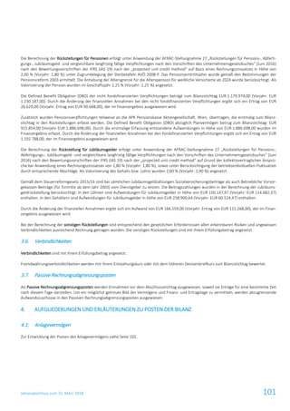 Jahresabschluss zum 31. März 2018 101
Die Berechnung der Rückstellungen für Pensionen erfolgt unter Anwendung der AFRAC-Stellungnahme 27 „Rückstellungen für Pensions-, Abferti-
gungs-, Jubiläumsgeld- und vergleichbare langfristig fällige Verpflichtungen nach den Vorschriften des Unternehmensgesetzbuches“ (Juni 2016)
nach den Bewertungsvorschriften der IFRS (IAS 19) nach der „projected unit credit method“ auf Basis eines Rechnungszinssatzes in Höhe von
2,00 % (Vorjahr: 1,80 %) unter Zugrundelegung der Sterbetafeln AVÖ 2008-P. Das Pensionseintrittsalter wurde gemäß den Bestimmungen der
Pensionsreform 2003 ermittelt. Die Anhebung der Altersgrenze für die Alterspension für weibliche Versicherte ab 2024 wurde berücksichtigt. Als
Valorisierung der Pension wurden im Geschäftsjahr 2,25 % (Vorjahr: 2,25 %) angesetzt.
Die Defined Benefit Obligation (DBO) der nicht fondsfinanzierten Verpflichtungen beträgt zum Bilanzstichtag EUR 1.179.974,00 (Vorjahr: EUR
1.230.187,00). Durch die Änderung der finanziellen Annahmen bei den nicht fondsfinanzierten Verpflichtungen ergibt sich ein Ertrag von EUR
26.629,00 (Vorjahr: Ertrag von EUR 90.688,00), der im Finanzergebnis ausgewiesen wird.
Zusätzlich wurden Pensionsverpflichtungen teilweise an die APK Pensionskasse Aktiengesellschaft, Wien, übertragen, die erstmalig zum Bilanz-
stichtag in den Rückstellungen erfasst werden. Die Defined Benefit Obligation (DBO) abzüglich Planvermögen betrug zum Bilanzstichtag: EUR
915.854,00 (Vorjahr EUR 1.886.698,00). Durch die erstmalige Erfassung entstandene Aufwendungen in Höhe von EUR 1.886.698,00 wurden im
Finanzergebnis erfasst. Durch die Änderung der finanziellen Annahmen bei den fondsfinanzierten Verpflichtungen ergibt sich ein Ertrag von EUR
1.192.788,00, der im Finanzergebnis ausgewiesen wird.
Die Berechnung der Rückstellung für Jubiläumsgelder erfolgt unter Anwendung der AFRAC-Stellungnahme 27 „Rückstellungen für Pensions-,
Abfertigungs-, Jubiläumsgeld- und vergleichbare langfristig fällige Verpflichtungen nach den Vorschriften des Unternehmensgesetzbuches“ (Juni
2016) nach den Bewertungsvorschriften der IFRS (IAS 19) nach der „projected unit credit method“ auf Grund der kollektivvertraglichen Ansprü-
che bei Anwendung eines Rechnungszinssatzes von 1,80 % (Vorjahr: 1,80 %), sowie unter Berücksichtigung der betriebsindividuellen Fluktuation
durch entsprechende Abschläge. Als Valorisierung des Gehalts bzw. Lohns wurden 2,60 % (Vorjahr: 1,90 %) angesetzt.
Gemäß dem Steuerreformgesetz 2015/16 sind bei sämtlichen Jubiläumsgeldzahlungen Sozialversicherungsbeiträge als auch Betriebliche Vorsor-
gekassen-Beiträge (für Eintritte ab dem Jahr 2003) vom Dienstgeber zu leisten. Die Beitragszahlungen wurden in der Berechnung der Jubiläums-
geldrückstellung berücksichtigt. In den Löhnen sind Aufwendungen für Jubiläumsgelder in Höhe von EUR 150.147,97 (Vorjahr: EUR 114.682,37)
enthalten. In den Gehältern sind Aufwendungen für Jubiläumsgelder in Höhe von EUR 258.900,64 (Vorjahr: EUR 60.524,47) enthalten.
Durch die Änderung der finanziellen Annahmen ergibt sich ein Aufwand von EUR 166.559,00 (Vorjahr: Ertrag von EUR 115.268,00), der im Finan-
zergebnis ausgewiesen wird.
Bei der Berechnung der sonstigen Rückstellungen sind entsprechend den gesetzlichen Erfordernissen allen erkennbaren Risiken und ungewissen
Verbindlichkeiten ausreichend Rechnung getragen worden. Die sonstigen Rückstellungen sind mit ihrem Erfüllungsbetrag angesetzt.
3.6. Verbindlichkeiten
Verbindlichkeiten sind mit ihrem Erfüllungsbetrag angesetzt.
Fremdwährungsverbindlichkeiten werden mit ihrem Entstehungskurs oder mit dem höheren Devisenbriefkurs zum Bilanzstichtag bewertet.
3.7. Passive Rechnungsabgrenzungsposten
Als Passive Rechnungsabgrenzungsposten werden Einnahmen vor dem Abschlussstichtag ausgewiesen, soweit sie Erträge für eine bestimmte Zeit
nach diesem Tage darstellen. Um ein möglichst getreues Bild der Vermögens und Finanz- und Ertragslage zu vermitteln, werden abzugrenzende
Aufwandszuschüsse in den Passiven Rechnungsabgrenzungsposten ausgewiesen.
4. AUFGLIEDERUNGEN UND ERLÄUTERUNGEN ZU POSTEN DER BILANZ
4.1. Anlagevermögen
Zur Entwicklung der Posten des Anlagevermögens siehe Seite 102.
 