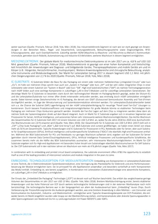 Lagebericht 2017/18 123
weiter wachsen (Quelle: Prismark, Februar 2018, Yole, März 2018). Das Industrieelektronik-Segment ist nach wie vor stark geprägt von Anwen-
dungen in den Bereichen Mess-, Regel- und Steuertechnik, Leistungselektronik, Beleuchtungssysteme sowie Diagnostikgeräte, RFID-
Erfassungssysteme, aber auch Eisenbahntechnik. Zukünftig werden M2M-(Maschine-zu-Maschine- und Ma-schine-zu-Mensch-) Kommunikati-
onsmodule, getrieben durch Robotik, Automatisierung und Industrie-4.0-Aktivitäten, weiteres Wachstum in diesem Segment ermöglichen.
MEDIZINELEKTRONIK: Der globale Markt für medizintechnische Elektroniksysteme ist im Jahr 2017 um ca. 4,8 % auf USD 110
Mrd. gewachsen (Quelle: Prismark, Februar 2018). Medizinelektronik ist geprägt von einer hohen Komplexität und Vielschichtig-
keit hinsichtlich der Anwendungen wie Diagnose- und bildgebende Geräte, Therapieapplikationen und mobile Geräte am und im
Körper (z.B.: Hörgeräte, Herzschrittmacher, Insulinpumpen). Weitere Anwendungsbereiche sind chirurgische Beleuchtung, analyti-
sche Instrumente und Molekulardiagnostik. Der Markt für Leiterplatten betrug 2017 in diesem Segment USD 1,1 Mrd. mit jährli-
chen Steigerungsraten von 2,1 % bis 2020 (Quelle: Prismark, Februar 2018, Yole, März 2018).
IC-SUBSTRATE: IC-Substrate bilden die Basis für das Packaging von einem oder mehreren Halbleiterchips („Integrated Circuits“ oder kurz
„ICs“). Im Falle von mehreren Chips spricht man auch von „System in Package“ oder kurz „SiP“ und bei sehr vielen integrierten Chips in einer
Leiterplatte oder einem Substrat von "System in Board" oder kurz "SiB". High-end Substratschichten ("SAP") als nächste Technologiegeneration
nach mSAP bilden auch eine wichtige Komponente in zukünftigen („All-in-One“)-Modulen und für zukünftige Leiterplatten Generationen. Der
derzeitige Markt für IC-Substrate ist besonders stark durch den technologischen Wandel im Packaging-Bereich geprägt, wobei die Silizium-ICs
und die Leiterplatten/Substrate nun immer öfter direkt miteinander verbunden werden, was erstmalig durch mSAP Leiterplatten ermöglicht
wurde. Dabei können einige Zwischenschritte im IC-Packaging, die derzeit von OSAT (Outsourced Semiconductor Assembly and Test-)Firmen
durchgeführt werden, im Zuge der Miniaturisierung und Systemkostenreduktion eliminiert werden. Für Leiterplatten/Substrathersteller bietet
sich u.a. die Chance die Substrat (SAP) Lagenfertigung mit der mSAP Leiterplattenfertigung für neuartige "Panel Level Fan-Out" Lösungen zu
kombinieren. Durch bessere Produktionseffizienz und Integrationsmöglichkeiten für große Module könnte so etablierten Technologien beim
Packaging von mehreren Chips Konkurrenz gemacht werden. Anstelle die Fan-Out Lagen auf dem Chip zu integrieren werden diese dann als
nächste Stufe der Systemintegration direkt auf dem Board integriert. Auch im Markt für IC Substrate ergeben sich in einzelnen Segmenten wie
Prozessoren für Server, Artificial Intelligence, und autonomes Fahren sehr interessante weitere Wachstumsmöglichkeiten. Das leichte Wachstum
des Gesamtmarktes für IC-Substrate hielt 2017 mit einem Volumen von USD 5,4 Mrd. an, wobei für die Jahre 2018 bis 2020 eine durchschnittli-
che Wachstumsrate von 2,8 % erwartet wird (Quelle: Yole, März 2018). Der Gesamtmarkt für IC-Substrate von USD 5,4 Mrd. (2017) teilt sich in
„CSP“ („Chip Scale Packaging“) und „BGA“ („Ball Grid Array“) auf. BGA-Substrate sind zumeist großflächiger, sie haben einen Anteil von etwas
mehr als 50 % am Gesamtmarkt. Typische Anwendungen sind IC-Substrate für Prozessoren in PCs, Notebooks oder für Server, aber auch Substra-
te für Graphikprozessoren (GPUs), Artificial Intelligence und kundenspezifische Schaltkreise ("ASICs") die ebenfalls High-end Prozessoren enthal-
ten. Während der BGA Substratmarkt für PCs und Notebooks nur geringes Wachstum aufweisen wird, ergeben sich bei Substraten für Server
(getrieben durch Internet Data Center/Cloud-Applikationen), GPUs, Artificial Intelligence Prozessoren und kundenspezifische Schaltkreise, die
zusammen bereits mehr als die Hälfte des BGA Substratmarktes ausmachen, sehr interessante Wachstumsmöglichkeiten. Im Markt für CSP
Substrate ergeben sich für High-end Applikationen mit besonders hoher Anzahl von Substratlagen ebenfalls Wachstumschancen für SAP Substra-
te. Der CSP-Substratmarkt soll in den nächsten Jahren ein Wachstum von mehr als 4 % jährlich zeigen (Quelle: Yole, März 2017).
In combination with its embedding and printed circuit board competence, the substrate environment offers AT&S the opportunity to establish
itself as one of the leading providers of interconnect solutions and module integration in the years to come.
EMBEDDING: TECHNOLOGIEOPTION FÜR MODULINTEGRATION Embedding von Komponenten in Leiterplatten/Substraten
ist eine Technik, die in Elektronikmodulen Systemkostenreduktion, eine Verringerung des Platzbedarfes für Elektronik und eine Performancever-
besserung der Module ermöglichen kann. Sie ist prinzipiell für alle Applikationen anwendbar und besonders vorteilhaft je mehr Komponenten
das Modul enthält. Embedding ist, wie bereits ausgeführt, in Kombination mit Leiterplatten-/Substrattechnologie eine wesentliche Kompetenz,
um zukünftige („All-in-One“)-Module zu ermöglichen.
Der Einsatz der „Embedded-Die-Packaging“-Technologie („ECP“) ist derzeit noch auf Nischen beschränkt. Das erklärt das vergleichsweise geringe
Volumen des Gesamtmarktes im Jahr 2017 von USD 13 Mio. (Quelle: Yole, März 2018). Breitere Marktdurchdringung erster, bereits etablierter
Anwendungen und das hohe Potenzial von ECP durch weitere technologische Verbesserungen sind in der externen Marktanalyse noch nicht
berücksichtigt. Die technologische Barriere war in der Vergangenheit vor allem der Ausbeuteverlust beim „Embedding“ teurer Chips. Durch
Verbesserung der Prozessführung konnte die Ausbeute gesteigert werden, was eine breitere Anwendung in allen Märkten – von Consumer und
Kommunikation bis Automobil-, Industrie- und Medizintechnik – ermöglichen wird. Typische Anwendungsbeispiele von ECP-Produkten, die ent-
weder bereits im Markt eingeführt wurden oder knapp vor der Markteinführung stehen, sind Kameramodule oder diskrete Spannungswandler in
allen Spannungsklassen von Niedervolt bis hin zu Leistungsmodulen mit Power-MOSFETs oder IGBTs.
 
