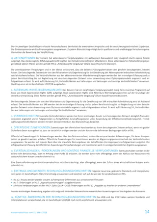 Konzernabschluss zum 31. März 2018 14
Der im jeweiligen Geschäftsjahr erfasste Personalaufwand beinhaltet die erworbenen Ansprüche und die versicherungstechnischen Ergebnisse.
Die Zinskomponente wird im Finanzergebnis ausgewiesen. Zu jedem Bilanzstichtag erfolgt durch qualifizierte und unabhängige Versicherungsma-
thematiker die Bewertung der Verpflichtung.
q. AKTIENOPTIONEN Der Konzern hat aktienbasierte Vergütungspläne mit wahlweisem Barausgleich oder Ausgleich durch eigene Anteile
aufgelegt. Das diesbezügliche Erfüllungswahlrecht liegt bei den teilnahmeberechtigten Mitarbeitern. Diese aktienbasierten Mitarbeitervergütun-
gen (Stock-Option-Pläne) werden gemäß IFRS 2 „Anteilsbasierte Vergütung“ (Share-based Payment) bilanziert.
Die anteilsbasierten Vergütungen sind in der Weise strukturiert, dass die beiden Erfüllungsalternativen den gleichen beizulegenden Zeitwert
haben. Der beizulegende Zeitwert der von den Mitarbeitern als Gegenleistung für die Gewährung der Aktienoptionen erbrachten Arbeitsleistung
wird als Aufwand erfasst. Die Verbindlichkeiten aus den aktienorientierten Mitarbeitervergütungen werden bei der erstmaligen Erfassung und zu
jedem Berichtsstichtag bis zur Begleichung mit dem beizulegenden Zeitwert unter Anwendung eines Optionspreismodells angesetzt und er-
folgswirksam erfasst. Es wird auf Erläuterung 14 „Verbindlichkeiten aus Lieferungen und Leistungen und sonstige Verbindlichkeiten“ verwiesen.
Das Programm ist im Geschäftsjahr 2017/18 ausgelaufen.
r. AKTIENKURS-WERTSTEIGERUNGSRECHTE Der Konzern hat ein langfristiges Vergütungsmodell (Long-Term-Incentive-Programm) auf
Basis von Stock Appreciation Rights (SAR) aufgelegt. Stock Appreciation Rights sind Aktienkurs-Wertsteigerungsrechte auf der Grundlage der
Aktienkursentwicklung. Diese Rechte werden gemäß IFRS 2 „Anteilsbasierte Vergütung“ (Share-based Payment) bilanziert.
Der beizulegende Zeitwert der von den Mitarbeitern als Gegenleistung für die Gewährung von SAR erbrachten Arbeitsleistung wird als Aufwand
erfasst. Die Verbindlichkeiten aus SAR werden bei der erstmaligen Erfassung und zu jedem Berichtsstichtag bis zur Begleichung mit dem beizule-
genden Zeitwert unter Anwendung eines Optionspreismodells angesetzt und erfolgswirksam erfasst. Es wird auf Erläuterung 14 „Verbindlichkei-
ten aus Lieferungen und Leistungen und sonstige Verbindlichkeiten“ verwiesen.
s. VERBINDLICHKEITEN Finanzielle Verbindlichkeiten werden bei ihrem erstmaligen Ansatz zum beizulegenden Zeitwert abzüglich Transakti-
onskosten angesetzt und in Folgeperioden zu fortgeführten Anschaffungskosten unter Anwendung der Effektivzinsmethode bewertet. Fremd-
währungsverbindlichkeiten werden mit dem Devisenmittelkurs des Bilanzstichtags bewertet.
t. ÖFFENTLICHE ZUWENDUNGEN Zuwendungen der öffentlichen Hand werden zu ihrem beizulegenden Zeitwert erfasst, wenn mit großer
Sicherheit davon auszugehen ist, dass sie tatsächlich erfolgen werden und der Konzern die definierten Bedingungen dafür erfüllt.
Öffentliche Zuwendungen für Aufwendungen werden über den Zeitraum erfasst, in dem die entsprechenden Aufwendungen, für deren Kompen-
sation sie gewährt werden, anfallen. Öffentliche Zuwendungen für Investitionen werden als Abgrenzungsposten innerhalb der Verbindlichkeiten
ausgewiesen. Sie werden auf linearer Basis über die erwartete Nutzungsdauer der betreffenden Vermögenswerte erfolgswirksam aufgelöst. Die
erfolgswirksame Erfassung der öffentlichen Zuwendungen für Aufwendungen und Investitionen wird im sonstigen betrieblichen Ergebnis ausgewiesen.
u. EVENTUALSCHULDEN, -FORDERUNGEN UND SONSTIGE FINANZIELLE VERPFLICHTUNGEN Eventualschulden werden in der
Bilanz nicht berücksichtigt, aber im Anhang unter Punkt 20 erläutert. Sie werden dann nicht offengelegt, wenn der Abfluss von Ressourcen mit
wirtschaftlichem Nutzen unwahrscheinlich ist.
Eine Eventualforderung wird im Konzernabschluss nicht berücksichtigt, aber offengelegt, wenn der Zufluss eines wirtschaftlichen Nutzens wahr-
scheinlich ist.
v. ERSTMALS ANGEWENDETE RECHNUNGSLEGUNGSVORSCHRIFTEN Folgende neue bzw. geänderte Standards und Interpretatio-
nen waren im Geschäftsjahr 2017/18 erstmalig anzuwenden und beziehen sich auf die von der EU verabschiedeten IFRS.
 IAS 12: Ansatz aktiver latenter Steuern auf temporäre Differenzen aus unrealisierten Verlusten
 IAS 7: Änderungen an IAS 7 „Kapitalflussrechnungen“: Angabeinitiative
 Jährliche Verbesserungen an den IFRS – Zyklus 2014 – 2016: Änderungen an IFRS 12 „Angaben zu Anteilen an anderen Unternehmen“
Aus der erstmaligen Anwendung ergaben sich aufgrund fehlender Relevanz keine wesentlichen Auswirkungen auf die Angaben des Konzerns.
w. KÜNFTIGE ÄNDERUNGEN DER RECHNUNGSLEGUNGSVORSCHRIFTEN Das IASB und das IFRIC haben weitere Standards und
Interpretationen verabschiedet, die im Geschäftsjahr 2017/18 noch nicht verpflichtend anzuwenden sind.
 