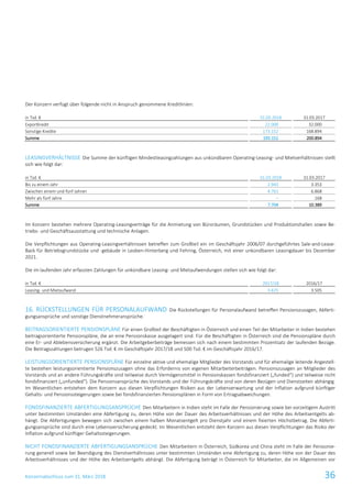 Konzernabschluss zum 31. März 2018 36
Der Konzern verfügt über folgende nicht in Anspruch genommene Kreditlinien:
in Tsd. € 31.03.2018 31.03.2017
Exportkredit 22.000 32.000
Sonstige Kredite 173.152 168.894
Summe 195.152 200.894
LEASINGVERHÄLTNISSE Die Summe der künftigen Mindestleasingzahlungen aus unkündbaren Operating-Leasing- und Mietverhältnissen stellt
sich wie folgt dar:
in Tsd. € 31.03.2018 31.03.2017
Bis zu einem Jahr 2.943 3.353
Zwischen einem und fünf Jahren 4.761 6.868
Mehr als fünf Jahre – 168
Summe 7.704 10.389
Im Konzern bestehen mehrere Operating-Leasingverträge für die Anmietung von Büroräumen, Grundstücken und Produktionshallen sowie Be-
triebs- und Geschäftsausstattung und technische Anlagen.
Die Verpflichtungen aus Operating-Leasingverhältnissen betreffen zum Großteil ein im Geschäftsjahr 2006/07 durchgeführtes Sale-and-Lease-
Back für Betriebsgrundstücke und -gebäude in Leoben-Hinterberg und Fehring, Österreich, mit einer unkündbaren Leasingdauer bis Dezember
2021.
Die im laufenden Jahr erfassten Zahlungen für unkündbare Leasing- und Mietaufwendungen stellen sich wie folgt dar:
in Tsd. € 2017/18 2016/17
Leasing- und Mietaufwand 3.425 3.505
16. RÜCKSTELLUNGEN FÜR PERSONALAUFWAND Die Rückstellungen für Personalaufwand betreffen Pensionszusagen, Abferti-
gungsansprüche und sonstige Dienstnehmeransprüche.
BEITRAGSORIENTIERTE PENSIONSPLÄNE Für einen Großteil der Beschäftigten in Österreich und einen Teil der Mitarbeiter in Indien bestehen
beitragsorientierte Pensionspläne, die an eine Pensionskasse ausgelagert sind. Für die Beschäftigten in Österreich sind die Pensionspläne durch
eine Er- und Ablebensversicherung ergänzt. Die Arbeitgeberbeiträge bemessen sich nach einem bestimmten Prozentsatz der laufenden Bezüge.
Die Beitragszahlungen betrugen 526 Tsd. € im Geschäftsjahr 2017/18 und 500 Tsd. € im Geschäftsjahr 2016/17.
LEISTUNGSORIENTIERTE PENSIONSPLÄNE Für einzelne aktive und ehemalige Mitglieder des Vorstands und für ehemalige leitende Angestell-
te bestehen leistungsorientierte Pensionszusagen ohne das Erfordernis von eigenen Mitarbeiterbeiträgen. Pensionszusagen an Mitglieder des
Vorstands und an andere Führungskräfte sind teilweise durch Vermögensmittel in Pensionskassen fondsfinanziert („funded“) und teilweise nicht
fondsfinanziert („unfunded“). Die Pensionsansprüche des Vorstands und der Führungskräfte sind von deren Bezügen und Dienstzeiten abhängig.
Im Wesentlichen entstehen dem Konzern aus diesen Verpflichtungen Risiken aus der Lebenserwartung und der Inflation aufgrund künftiger
Gehalts- und Pensionssteigerungen sowie bei fondsfinanzierten Pensionsplänen in Form von Ertragsabweichungen.
FONDSFINANZIERTE ABFERTIGUNGSANSPRÜCHE Den Mitarbeitern in Indien steht im Falle der Pensionierung sowie bei vorzeitigem Austritt
unter bestimmten Umständen eine Abfertigung zu, deren Höhe von der Dauer des Arbeitsverhältnisses und der Höhe des Arbeitsentgelts ab-
hängt. Die Abfertigungen bewegen sich zwischen einem halben Monatsentgelt pro Dienstjahr und einem fixierten Höchstbetrag. Die Abferti-
gungsansprüche sind durch eine Lebensversicherung gedeckt. Im Wesentlichen entsteht dem Konzern aus diesen Verpflichtungen das Risiko der
Inflation aufgrund künftiger Gehaltssteigerungen.
NICHT FONDSFINANZIERTE ABFERTIGUNGSANSPRÜCHE Den Mitarbeitern in Österreich, Südkorea und China steht im Falle der Pensionie-
rung generell sowie bei Beendigung des Dienstverhältnisses unter bestimmten Umständen eine Abfertigung zu, deren Höhe von der Dauer des
Arbeitsverhältnisses und der Höhe des Arbeitsentgelts abhängt. Die Abfertigung beträgt in Österreich für Mitarbeiter, die im Allgemeinen vor
 