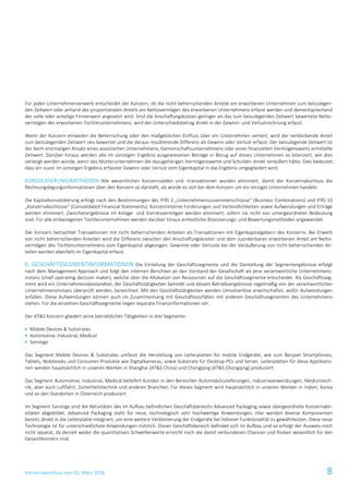 Konzernabschluss zum 31. März 2018 8
Für jeden Unternehmenserwerb entscheidet der Konzern, ob die nicht beherrschenden Anteile am erworbenen Unternehmen zum beizulegen-
den Zeitwert oder anhand des proportionalen Anteils am Nettovermögen des erworbenen Unternehmens erfasst werden und dementsprechend
der volle oder anteilige Firmenwert angesetzt wird. Sind die Anschaffungskosten geringer als das zum beizulegenden Zeitwert bewertete Netto-
vermögen des erworbenen Tochterunternehmens, wird der Unterschiedsbetrag direkt in der Gewinn- und Verlustrechnung erfasst.
Wenn der Konzern entweder die Beherrschung oder den maßgeblichen Einfluss über ein Unternehmen verliert, wird der verbleibende Anteil
zum beizulegenden Zeitwert neu bewertet und die daraus resultierende Differenz als Gewinn oder Verlust erfasst. Der beizulegende Zeitwert ist
der beim erstmaligen Ansatz eines assoziierten Unternehmens, Gemeinschaftsunternehmens oder eines finanziellen Vermögenswerts ermittelte
Zeitwert. Darüber hinaus werden alle im sonstigen Ergebnis ausgewiesenen Beträge in Bezug auf dieses Unternehmen so bilanziert, wie dies
verlangt werden würde, wenn das Mutterunternehmen die dazugehörigen Vermögenswerte und Schulden direkt veräußert hätte. Dies bedeutet,
dass ein zuvor im sonstigen Ergebnis erfasster Gewinn oder Verlust vom Eigenkapital in das Ergebnis umgegliedert wird.
KONSOLIDIERUNGSMETHODEN Alle wesentlichen Konzernsalden und -transaktionen wurden eliminiert, damit der Konzernabschluss die
Rechnungslegungsinformationen über den Konzern so darstellt, als würde es sich bei dem Konzern um ein einziges Unternehmen handeln.
Die Kapitalkonsolidierung erfolgt nach den Bestimmungen des IFRS 3 „Unternehmenszusammenschlüsse“ (Business Combinations) und IFRS 10
„Konzernabschlüsse“ (Consolidated Financial Statements). Konzerninterne Forderungen und Verbindlichkeiten sowie Aufwendungen und Erträge
werden eliminiert. Zwischenergebnisse im Anlage- und Vorratsvermögen werden eliminiert, sofern sie nicht von untergeordneter Bedeutung
sind. Für alle einbezogenen Tochterunternehmen werden darüber hinaus einheitliche Bilanzierungs- und Bewertungsmethoden angewendet.
Der Konzern betrachtet Transaktionen mit nicht beherrschenden Anteilen als Transaktionen mit Eigenkapitalgebern des Konzerns. Bei Erwerb
von nicht beherrschenden Anteilen wird die Differenz zwischen den Anschaffungskosten und dem zuordenbaren erworbenen Anteil am Netto-
vermögen des Tochterunternehmens vom Eigenkapital abgezogen. Gewinne oder Verluste bei der Veräußerung von nicht beherrschenden An-
teilen werden ebenfalls im Eigenkapital erfasst.
b. GESCHÄFTSSEGMENTINFORMATIONEN Die Einteilung der Geschäftssegmente und die Darstellung der Segmentergebnisse erfolgt
nach dem Management Approach und folgt den internen Berichten an den Vorstand der Gesellschaft als jene verantwortliche Unternehmens-
instanz (chief operating decision maker), welche über die Allokation von Ressourcen auf die Geschäftssegmente entscheidet. Als Geschäftsseg-
ment wird ein Unternehmensbestandteil, der Geschäftstätigkeiten betreibt und dessen Betriebsergebnisse regelmäßig von der verantwortlichen
Unternehmensinstanz überprüft werden, bezeichnet. Mit den Geschäftstätigkeiten werden Umsatzerlöse erwirtschaftet, wofür Aufwendungen
anfallen. Diese Aufwendungen können auch im Zusammenhang mit Geschäftsvorfällen mit anderen Geschäftssegmenten des Unternehmens
stehen. Für die einzelnen Geschäftssegmente liegen separate Finanzinformationen vor.
Der AT&S Konzern gliedert seine betrieblichen Tätigkeiten in drei Segmente:
 Mobile Devices & Substrates
 Automotive, Industrial, Medical
 Sonstige
Das Segment Mobile Devices & Substrates umfasst die Herstellung von Leiterplatten für mobile Endgeräte, wie zum Beispiel Smartphones,
Tablets, Notebooks und Consumer-Produkte wie Digitalkameras, sowie Substrate für Desktop-PCs und Server. Leiterplatten für diese Applikatio-
nen werden hauptsächlich in unseren Werken in Shanghai (AT&S China) und Chongqing (AT&S Chongqing) produziert.
Das Segment Automotive, Industrial, Medical beliefert Kunden in den Bereichen Automobilzulieferungen, Industrieanwendungen, Medizintech-
nik, aber auch Luftfahrt, Sicherheitstechnik und anderen Branchen. Für dieses Segment wird hauptsächlich in unseren Werken in Indien, Korea
und an den Standorten in Österreich produziert.
Im Segment Sonstige sind die Aktivitäten des im Aufbau befindlichen Geschäftsbereichs Advanced Packaging sowie übergeordnete Konzernakti-
vitäten abgebildet. Advanced Packaging steht für neue, technologisch sehr hochwertige Anwendungen. Hier werden diverse Komponenten
bereits direkt in die Leiterplatte integriert, um eine weitere Verkleinerung der Endgeräte bei höherer Funktionalität zu gewährleisten. Diese neue
Technologie ist für unterschiedlichste Anwendungen nützlich. Dieser Geschäftsbereich befindet sich im Aufbau und so erfolgt der Ausweis noch
nicht separat, da derzeit weder die quantitativen Schwellenwerte erreicht noch die damit verbundenen Chancen und Risiken wesentlich für den
Gesamtkonzern sind.
 