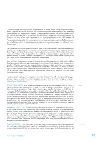 Konzernlagebericht 2017/18 83
„Kommodifizierung“ mit entsprechender Margenreduktion in diesem Bereich bislang erfolgreich entgegen-
wirken. Ergänzend dazu wurde der Einsatz der HDI-Technologie gezielt und erfolgreich von der Anwendung
für Smartphones und andere mobile Endgeräte auf weitere Anwendungen wie zum Beispiel für die Automo-
tive-Industrie übertragen. Das im Geschäftsjahr 2017/18 erfolgreich umgesetzte technologische Upgrade von
Teilen der HDI-Linien auf die mSAP-Technologie ist eine konsequente Fortführung der AT&S-Strategie und
gewährleistet die Übertragung der HDI-Wettbewerbsvorteile auf die nächste Technologiegeneration. Die
Umsetzung beinhaltet jedoch auch entsprechende Risiken. Insbesondere können kundenseitige Verzögerun-
gen beim Umstieg auf die neue Technologie zu Angebotsüberhang, Überkapazitäten und fehlenden Auslas-
tungen führen.
Die Chancen der österreichischen Werke von AT&S liegen in der hohen Flexibilität, den hohen Qualitätsstan-
dards und der Fähigkeit, sich sehr schnell auf wechselnde Spezifikationen und Technologien einzustellen.
Diese Fähigkeit ist insbesondere im Industrie-Segment, das von unterschiedlichen Technologieanforderungen
seitens einer Vielzahl von Kunden geprägt ist, eine unabdingbare Notwendigkeit, um gegenüber den Mitbe-
werbern bestehen zu können. Um diesen Vorsprung von AT&S abzusichern, werden in enger Kooperation mit
den Kunden laufend neue Technologien und Projekte vorangetrieben.
Neue technische Entwicklungen, verlängerte Produktzyklen und Überkapazitäten am Markt stellen AT&S im
Geschäftsbereich IC-Substrate, aufgrund des dadurch entstandenen Preisdrucks, vor große Herausforderun-
gen. Die erfolgreiche Umsetzung der geplanten Kostenreduktionen und die Erschließung von profitableren
Produkten sind wesentlich für diesen Geschäftsbereich. Der Markt für IC-Substrate wird stark durch techno-
logische Änderungen beeinflusst. Die Entwicklung neuer Technologien dient zur Minderung des Marktrisikos
von IC-Substraten. Jedoch beinhaltet dieser technologische Fortschritt das allgemeine Risiko von neuen
Technologieentwicklungen.
Wettbewerbsrisiken ergeben sich auch durch potenzielle Qualitätssteigerungen und technologische Fort-
schritte in Ländern mit niedrigeren Produktionskosten. Dies könnte dazu führen, dass insbesondere die AT&S-
Standorte in Österreich, aber auch andere Produktionsstandorte, etwa wie in Korea und China, an Wettbe-
werbsfähigkeit verlieren könnten.
SCHLÜSSELKUNDEN AT&S hat es durch fortgeschrittene Fertigungstechnologien und hohe Qualitäts-
standards geschafft, sich als verlässlicher Anbieter für einige der weltweit namhaftesten Abnehmer in der
Elektronikindustrie zu etablieren. Aufgrund der Fokussierung auf High-End-Technologie ist die Zahl der Ab-
nehmer auf die Technologieführer beschränkt. Die Umsätze mit den fünf größten Kunden tragen 65 % zum
Gesamtumsatz bei. Die mittlerweile langfristigen Geschäftsbeziehungen mit diesen Kunden bieten auch in
Zukunft gute Chancen. Allerdings birgt diese Konzentration auch Risiken im Falle einer signifikanten Redukti-
on der Geschäftsvolumina oder Profitabilität bei diesen Kunden. Besonders kritisch ist dies bei den IC-
Substraten und mSAP, wo das gesamte Geschäft zurzeit auf jeweils einen Kunden konzentriert ist. Die laufen-
de Verbesserung der Wettbewerbsfähigkeit von AT&S als auch die Erweiterung der Kundenbasis sowie die
Erschließung neuer Produkte sind daher von großer Bedeutung für eine schnelle Kompensation von negativen
Entwicklungen bei einzelnen wesentlichen Kunden.
MARKTENTWICKLUNG Ein schwierigeres Marktumfeld im Geschäftsjahr 2018/19 könnte die Ergebnis-
se der Gruppe beeinträchtigen. Stagnierende Smartphone-Verkäufe bzw. Schwächen in den Kernsegmenten
könnten zu einem Umsatzrückgang führen. Eine positive Marktentwicklung könnte im Gegensatz dazu auch
gesteigerte Geschäftschancen und überproportionale Wachstumschancen bieten – insbesondere könnten in
den beiden Werken in Chongqing mit einer kurzen Vorlaufzeit von 6 bis 12 Monaten zusätzliche Produktions-
kapazitäten bereitgestellt werden. Die breit gefächerte Aufstellung von AT&S in den Segmenten Mobile De-
vices & Substrates sowie Automotive, Industrial, Medical kann durch deren unterschiedliche Produktionszyk-
len Marktrisiken teilweise abfedern.
EINKAUFSPREISE Preisschwankungen für Energie sowie Rohmaterial (Gold, Kupfer, Laminate) können
sich kurzfristig sowohl positiv als auch negativ auf erzielbare Margen auswirken. Die steigenden Rohmaterial-
preise im Geschäftsjahr 2017/18 konnten durch die gezielte Umsetzung der Beschaffungsstrategie zum Teil
Markt
Beschaffung
 