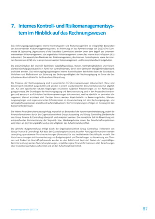 Konzernlagebericht 2017/18 87
Das rechnungslegungsbezogene Interne Kontrollsystem und Risikomanagement ist integrierter Bestandteil
des konzernweiten Risikomanagementsystems. In Anlehnung an das Rahmenkonzept von COSO (The Com-
mittee of Sponsoring Organizations of the Treadway Commission) werden unter dem Begriff des unterneh-
mensweiten Risikomanagements das eigentliche Risikomanagement sowie das Interne Kontrollsystem (IKS)
subsumiert. Die wesentlichen Merkmale des Risikomanagements, des Internen Kontrollsystems sowie der inter-
nen Revision von AT&S sind in einem konzernweiten Risikomanagement- und Revisionshandbuch festgehalten.
Die Dokumentation der internen Kontrollen (Geschäftsprozesse, Risiken, Kontrollmaßnahmen und Verant-
wortliche) erfolgt grundsätzlich in Form von Kontrollmatrizen, die in einer zentralen Managementdatenbank
archiviert werden. Das rechnungslegungsbezogene Interne Kontrollsystem beinhaltet dabei die Grundsätze,
Verfahren und Maßnahmen zur Sicherung der Ordnungsmäßigkeit der Rechnungslegung im Sinne der be-
schriebenen Kontrollziele für die Finanzberichterstattung.
Die Prozesse der Rechnungslegung sind in gesonderten Verfahrensanweisungen dokumentiert. Diese sind
konzernweit einheitlich ausgestaltet und werden in einem standardisierten Dokumentationsformat abgebil-
det. Aus den spezifischen lokalen Regelungen resultieren zusätzlich Anforderungen an die Rechnungsle-
gungsprozesse. Die Grundlagen der Rechnungslegung und Berichterstattung sind in den Prozessbeschreibun-
gen und weiters in ausführlichen Verfahrensanweisungen dokumentiert, welche ebenfalls im zentralen Ma-
nagement Manual archiviert sind. Darüber hinaus werden Arbeitsbehelfe zu Bewertungsläufen, Bilanzie-
rungsvorgängen und organisatorischen Erfordernissen im Zusammenhang mit den Rechnungslegungs- und
Jahresabschlussprozessen erstellt und laufend aktualisiert. Die Terminplanungen erfolgen im Einklang mit den
Konzernerfordernissen.
Die interne Finanzberichterstattung erfolgt monatlich als Bestandteil der Konzernberichterstattung, wobei die
Finanzinformationen durch die Organisationseinheit Group Accounting und Group Controlling (Teilbereiche
von Group Finance & Controlling) überprüft und analysiert werden. Die monatliche Soll-Ist-Abweichung mit
entsprechender Kommentierung der Segment- bzw. Werksergebnisse sowie des Gesellschaftsergebnisses
wird intern an die Führungskräfte und an die Mitglieder des Aufsichtsrats berichtet.
Die jährliche Budgeterstellung erfolgt durch die Organisationseinheit Group Controlling (Teilbereich von
Group Finance & Controlling). Auf Basis der Quartalsergebnisse und aktuellen Planungsinformationen werden
unterjährig quartalsweise Vorschaurechnungen (Forecasts) für das verbleibende Geschäftsjahr erstellt. Die
Vorschaurechnungen mit Kommentierung zum Budgetvergleich und Darstellungen zur Auswirkung von Chan-
cen und Risiken bis Geschäftsjahresende werden an den Aufsichtsrat berichtet. Neben der regelmäßigen
Berichterstattung werden Mehrjahresplanungen, projektbezogene Finanzinformationen oder Berechnungen
über Investitionsvorhaben aufbereitet und an den Aufsichtsrat übermittelt.
InternesKontroll-undRisikomanagementsys-7.
temimHinblickaufdasRechnungswesen
 