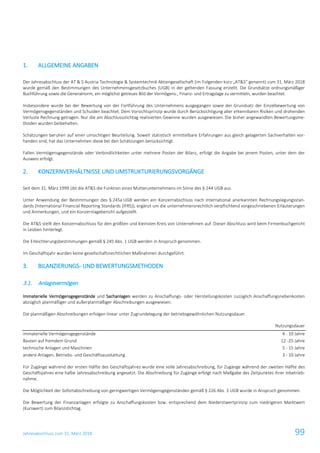 Jahresabschluss zum 31. März 2018 99
1. ALLGEMEINE ANGABEN
Der Jahresabschluss der AT & S Austria Technologie & Systemtechnik Aktiengesellschaft (im Folgenden kurz „AT&S“ genannt) zum 31. März 2018
wurde gemäß den Bestimmungen des Unternehmensgesetzbuches (UGB) in der geltenden Fassung erstellt. Die Grundsätze ordnungsmäßiger
Buchführung sowie die Generalnorm, ein möglichst getreues Bild der Vermögens-, Finanz- und Ertragslage zu vermitteln, wurden beachtet.
Insbesondere wurde bei der Bewertung von der Fortführung des Unternehmens ausgegangen sowie der Grundsatz der Einzelbewertung von
Vermögensgegenständen und Schulden beachtet. Dem Vorsichtsprinzip wurde durch Berücksichtigung aller erkennbaren Risiken und drohenden
Verluste Rechnung getragen. Nur die am Abschlussstichtag realisierten Gewinne wurden ausgewiesen. Die bisher angewandten Bewertungsme-
thoden wurden beibehalten.
Schätzungen beruhen auf einer umsichtigen Beurteilung. Soweit statistisch ermittelbare Erfahrungen aus gleich gelagerten Sachverhalten vor-
handen sind, hat das Unternehmen diese bei den Schätzungen berücksichtigt.
Fallen Vermögensgegenstände oder Verbindlichkeiten unter mehrere Posten der Bilanz, erfolgt die Angabe bei jenem Posten, unter dem der
Ausweis erfolgt.
2. KONZERNVERHÄLTNISSE UND UMSTRUKTURIERUNGSVORGÄNGE
Seit dem 31. März 1999 übt die AT&S die Funktion eines Mutterunternehmens im Sinne des § 244 UGB aus.
Unter Anwendung der Bestimmungen des § 245a UGB werden ein Konzernabschluss nach international anerkannten Rechnungslegungsstan-
dards (International Financial Reporting Standards (IFRS)), ergänzt um die unternehmensrechtlich verpflichtend vorgeschriebenen Erläuterungen
und Anmerkungen, und ein Konzernlagebericht aufgestellt.
Die AT&S stellt den Konzernabschluss für den größten und kleinsten Kreis von Unternehmen auf. Dieser Abschluss wird beim Firmenbuchgericht
in Leoben hinterlegt.
Die Erleichterungsbestimmungen gemäß § 245 Abs. 1 UGB werden in Anspruch genommen.
Im Geschäftsjahr wurden keine gesellschaftsrechtlichen Maßnahmen durchgeführt.
3. BILANZIERUNGS- UND BEWERTUNGSMETHODEN
3.1. Anlagevermögen
Immaterielle Vermögensgegenstände und Sachanlagen werden zu Anschaffungs- oder Herstellungskosten zuzüglich Anschaffungsnebenkosten
abzüglich planmäßiger und außerplanmäßiger Abschreibungen ausgewiesen.
Die planmäßigen Abschreibungen erfolgen linear unter Zugrundelegung der betriebsgewöhnlichen Nutzungsdauer.
Nutzungsdauer
immaterielle Vermögensgegenstände 4 - 10 Jahre
Bauten auf fremdem Grund 12 -25 Jahre
technische Anlagen und Maschinen 5 - 15 Jahre
andere Anlagen, Betriebs- und Geschäftsausstattung 3 - 10 Jahre
Für Zugänge während der ersten Hälfte des Geschäftsjahres wurde eine volle Jahresabschreibung, für Zugänge während der zweiten Hälfte des
Geschäftsjahres eine halbe Jahresabschreibung angesetzt. Die Abschreibung für Zugänge erfolgt nach Maßgabe des Zeitpunktes ihrer Inbetrieb-
nahme.
Die Möglichkeit der Sofortabschreibung von geringwertigen Vermögensgegenständen gemäß § 226 Abs. 3 UGB wurde in Anspruch genommen.
Die Bewertung der Finanzanlagen erfolgte zu Anschaffungskosten bzw. entsprechend dem Niederstwertprinzip zum niedrigeren Marktwert
(Kurswert) zum Bilanzstichtag.
 