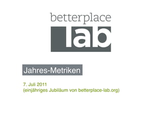 Jahres-Metriken!
7. Juli 2011  
(einjähriges Jubiläum von betterplace-lab.org)!
 