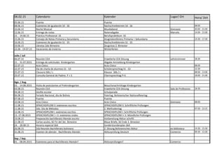 06.02.15 Calendario Kalender Lugar/ Ort Hora/ Zeit
05.06.15 Puente Puente
08.06.15 Exámenes de igualación S4 - S6 Nachschreibtermin S4 - S6 08:00
10.06.15 Noche Musical Musikabend Gimnasio 20:00 - 21:00
12.06.15 Entrega de notas Notenabgabe Marcelo 14:00 - 15:00
15. - 19.06.15 Práctica Profesional S5 Berufspraktikum S5
15.06.15 Consejo de Notas Primaria y Secundaria Zeugniskonferenz Primaria + Sekundaria 14:30 - 17:30
16.06.15 Exámenes de igualación S1 - S5 Nachschreibtermin S1 - S5
19.06.15 Libretas 2do Bimestre Zeugnisse 2. Bimester
22.06 - 19-07.15 Vacaciones de Invierno Winterferien
Julio / Juli
06.07.15 Reunión CEA Erweiterte CEA Sitzung Lehrerzimmer 18:30
21. - 31.07.2015 Entrega de solicitudes Kindergarten Abgabe Anmeldung Kindergarten
22.07.15 Acto Cívico Acto Cívico 08:00
22.07.15 Día de charla de alumnos S1 - S3 Schülersprechtag S1 - S3 12:30
25.07.15 Clausura S6b / c Klausur S6b / c 08:00 - 13:00
29.07.15 Consulta General de Padres P + S Elternsprechtag P+S 18:00 - 21:00
Ago. / Aug.
03. - 14.08.2015 Visita de postulantes al Prekindergarten Besuchsnachmittage Kindergarten
03.08.15 Reunión CEA Erweiterte CEA Sitzung Sala de Profesores 18:30
04.08.15 Desfile escolar Schulparade
06.08.15 Feriado Nacional, día de Bolivia Feiertag, Bolivianischer Nationalfeiertag
07.08.15 Puente Puente
10.08.15 Acto Cívico Acto Cívico Gimnasio 08:00
11.08.15 SPRACHDIPLOM II: exámenes escritos SPRACHDIPLOM II: Schriftliche Prüfungen
11.08.15 2do. Día de Métodos 2. Methodentag 07:50 - 13:15
12.08.15 SPRACHDIPLOM I: exámenes escritos SPRACHDIPLOM I: Schriftliche Prüfungen
13.-27.08.2015 SPRACHDIPLOM I + II: exámenes orales SPRACHDIPLOM I+ II: Mündliche Prüfungen
19.08.15 Preparación bachillerato Alemán escrito Vorbereitung Abitur schriftl
21.08.15 Cartas azules, S6 Fin del 3er. Bimestre Blaue Briefe, S6 Ende 3. Bimester
24. - 28.08.15 Horario especial S6A Sonderstundenplan S6A
26.08.15 2da Reunión Bachillerato boliviano 2. Sitzung Bolivianisches Abitur ex-biblioteca 14:30 - 15:30
31.08.15 Examen de alemán - Bachillerato Alemán Abiturprüfung Deutsch Comercio 09:30 - 13:30
Sep. / Sep.
01. - 08.09.2015 Exámenes para el Bachillerato Alemán? Abiturprüfungen? Comercio
 