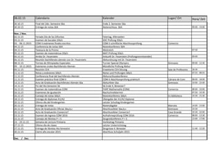06.02.15 Calendario Kalender Lugar/ Ort Hora/ Zeit
30.10.15 Final del 2do. Semestre S6a Ende 2. Semester S6a
30.10.15 Entrega de notas S6A Notenschluss S6A 09:00 - 10:00
Nov. / Nov.
02.11.15 Feriado Día de los Difuntos Feiertag, Allerseelen
03.11.15 Examen de Sociales S5b/c SOC Prüfung S5b/c
03. - 06.11.2015 COM II exámenes finales escritos COM II schriftliche Abschlussprüfung Comercio
04.11.15 Conferencia de notas S6A Notenkonferenz S6A
04.11.15 Tavesura de la Promo Abistreich 07:50
05.11.15 Examen de matemáticas S5b/c MAT Prüfung S5b/c
05.11.15 Arribo Dr. Feuerstein Ankunft Dr. Feuerstein (Prüfungsvorsitzender) 09:00
06.11.15 Reunión bachillerato alemán con Dr. Feuerstein Abitursitzung mit Dr. Feuerstein
08.11.15 Torneo de Olimpiadas Especiales Turnier Special Olympics Gimnasio 09:00 - 12:30
09. - 10.11.2015 Exámenes orales Bachillerato Alemán Mündliche Prüfung Abitur
09.11.15 Reunión CEA Erweiterte CEA Sitzung Sala de Profesores 18:30
11.11.15 Notas y exámenes S6b/c Notes und Prüfungen S6b/c 07:55 - 08:55
11.11.15 Conferencia final del bachillerato Alemán Abiturschlusskonferenz
11.11.15 Examen práctico final COM II COM II Abschlussprüfung praktisch Cámara de Com. 08:00 - 18:00
13.11.15 Acto de Graduación Bachillerato Alemán S6a Abiturfeier S6a Gimnasio 19:00 - 22:00
14.11.15 Fin del 4to bimestre S6 S6 Ende 4, Bimester?
16.11.15 Examen de matemáticas COM FHRP Mathematik (COM) Comercio 08:00 - 10:00
16.11,15 Exámenes de igualación Nachschreibtermin 07:50 - 10:30
16.11.15 Consejo de notas S6b/c Notenkonferenz S6b/c Ex-biblioteca 14:30 - 15:30
18.11.15 Entrega de diplomas A1/A2 Übergabe der A1/A2 Diplome
20.11.15 Último día del Kindergarten Letzter Schultag Kindergarten
20.11.15 Entrega de notas Notenabgabe Marcelo 14:00 - 15:00
20.11.15 Acto de Graduación OficiaL S6a,b,c Abschlussfeier S6a,b,c Gimnasio 19:30
20.11.15 Acto de Graduación Comercio? Abschlussfeier Comercio? Casa Grande 19:30 - 22:00
23.11.15 Examen de ingreso COM 2016 Aufnahmeprüfung COM 2016 Comercio 08:00 - 13:30
23.11.15 Consejo de libretas P + S Zeugniskonferenz P + S 13:00 - 17:00
23. - 25.11.15 Semana de Lectura Primaria Vorlesetag Primaria
27.11.15 Último día de clases Letzter Unterrichtstag
27.11.15 Entrega de libretas 4to bimestre Zeugnisse 4. Bimester 11:40 - 12:20
30.11.15 Cierre año escolar 2015 Abschluss Schuljahr 2015
Dec. / Dez.
 